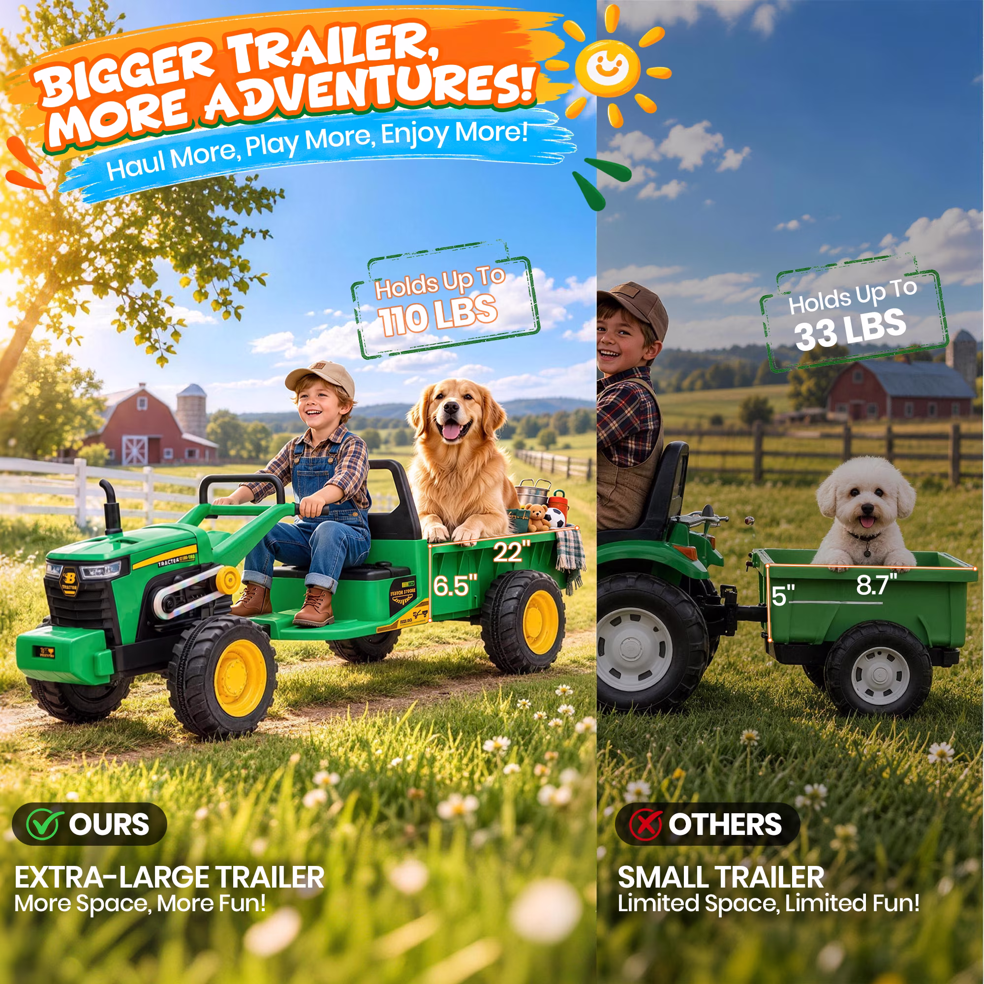 Joyracer 24V Kids Ride On Toys with LargeTrailer, 2x200W Electric Powered Toy Tractor, 110 LBS Max Load, LED Lights & Bluetooth Music, Green - Image 3