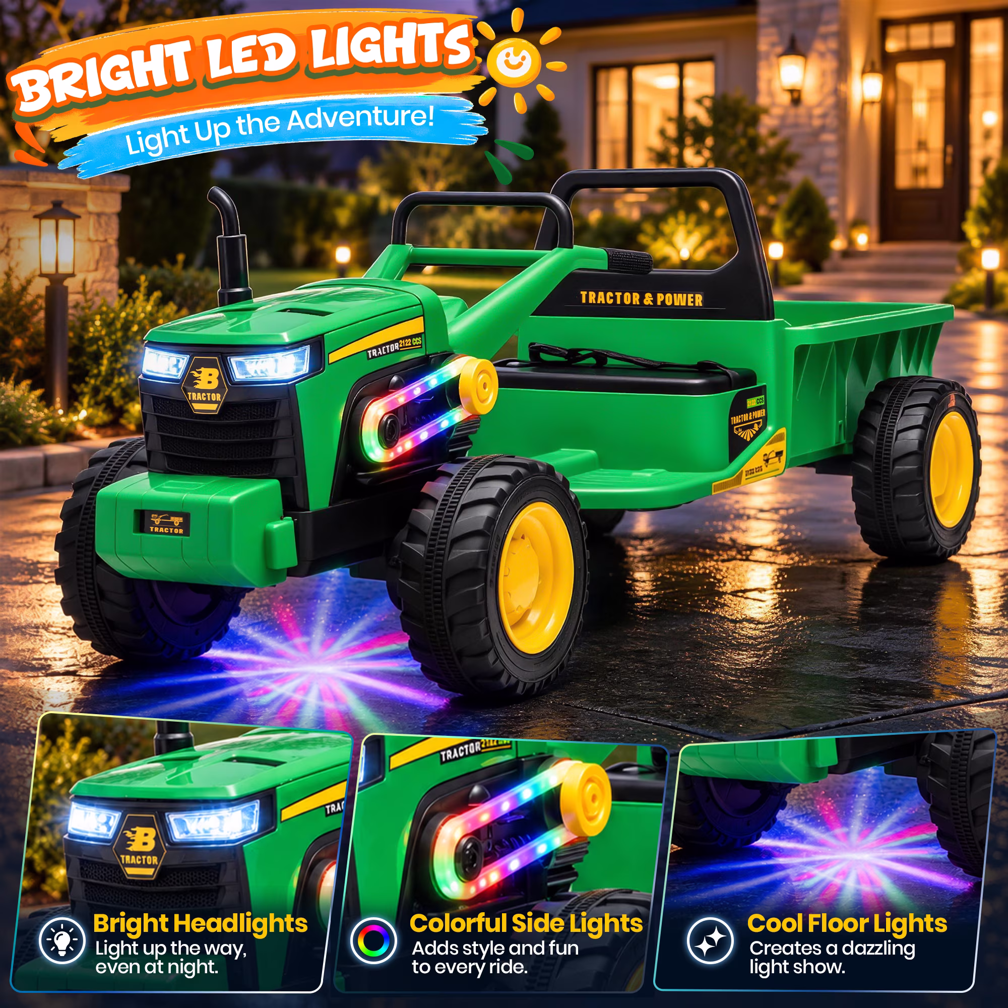 Joyracer 24V Kids Ride On Toys with LargeTrailer, 2x200W Electric Powered Toy Tractor, 110 LBS Max Load, LED Lights & Bluetooth Music, Green - Image 4