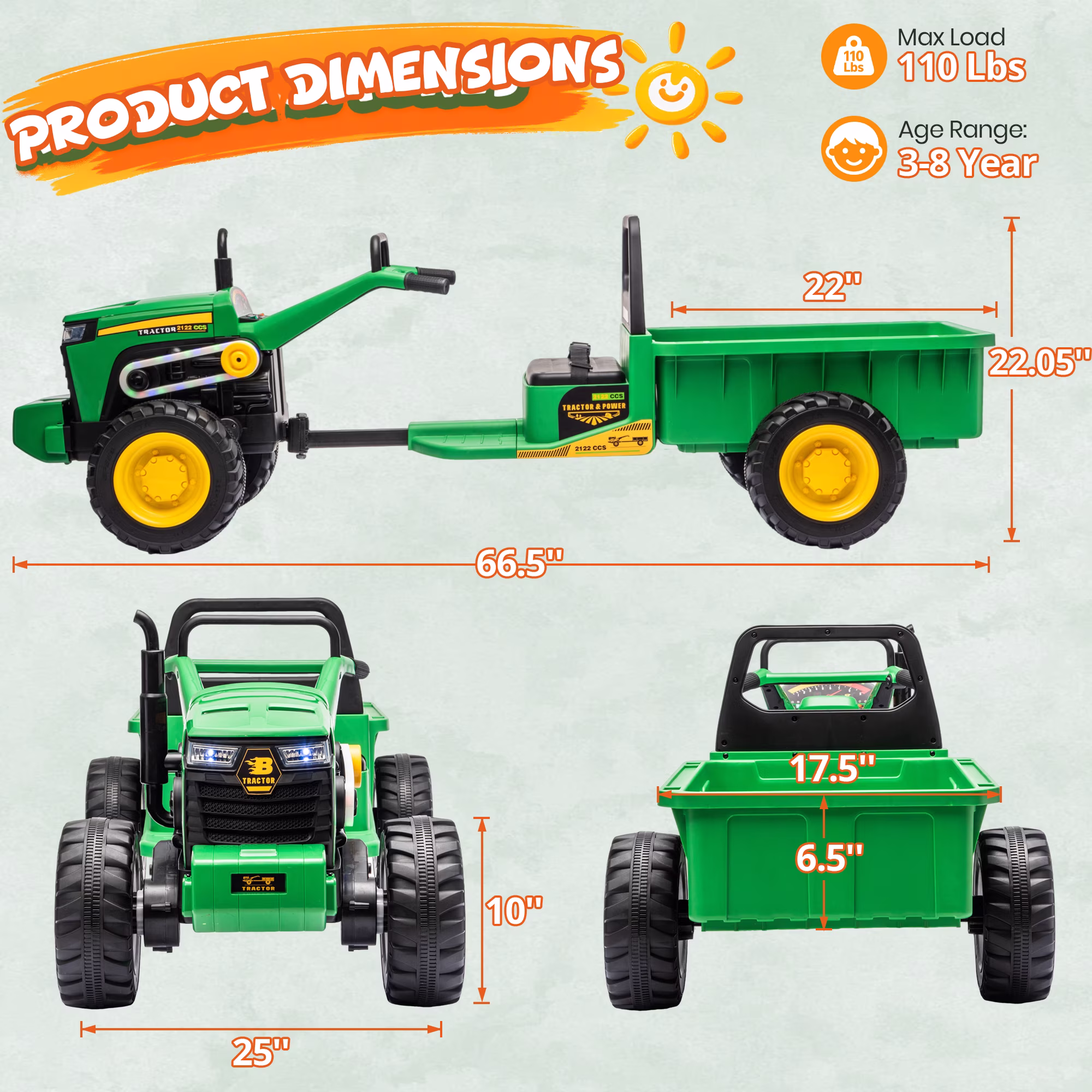 Joyracer 24V Kids Ride On Toys with LargeTrailer, 2x200W Electric Powered Toy Tractor, 110 LBS Max Load, LED Lights & Bluetooth Music, Green - Image 5