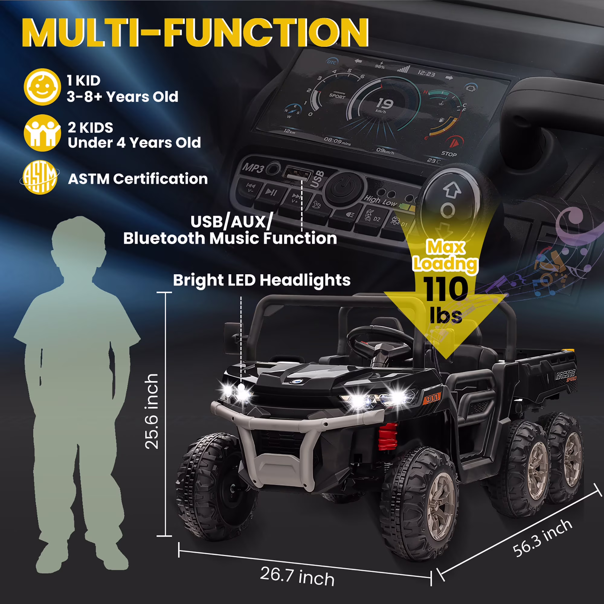Joyracer 24V Ride on Toys, 2 Seater 6-Wheel UTV Car, 4WD Ride on Dump Truck for Big Kids with Trailer Remote Control, Black - Image 5