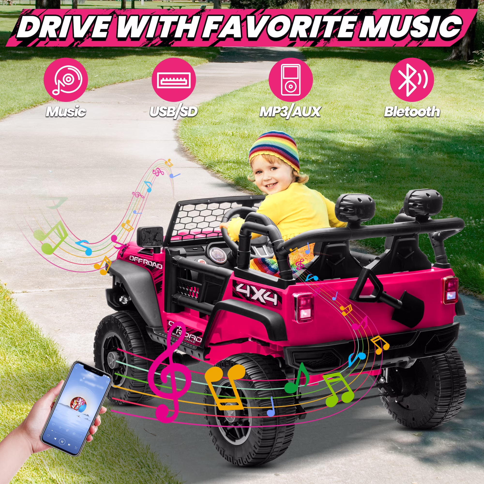 Joyracer 24V Ride on Toys Truck 4WD/2WD Switchable with Remote Control & 2 XL Seater, 800W Powered Ride on Car with Spring Suspension, 3 Speeds, Bluetooth Music Gift for Big Kids, Pink - Image 4