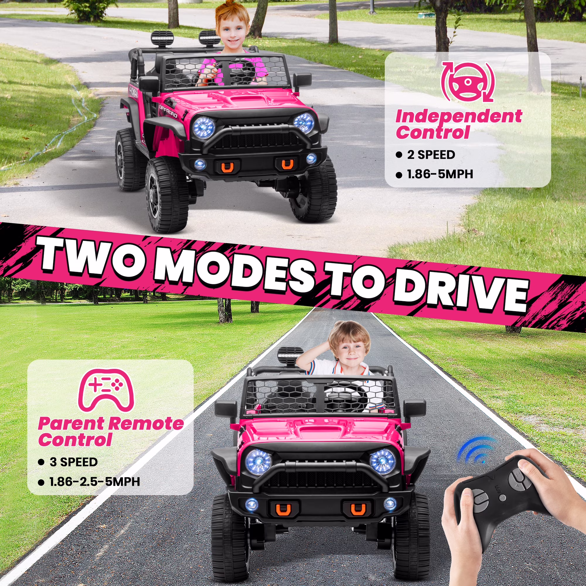 Joyracer 24V Ride on Toys Truck 4WD/2WD Switchable with Remote Control & 2 XL Seater, 800W Powered Ride on Car with Spring Suspension, 3 Speeds, Bluetooth Music Gift for Big Kids, Pink - Image 5