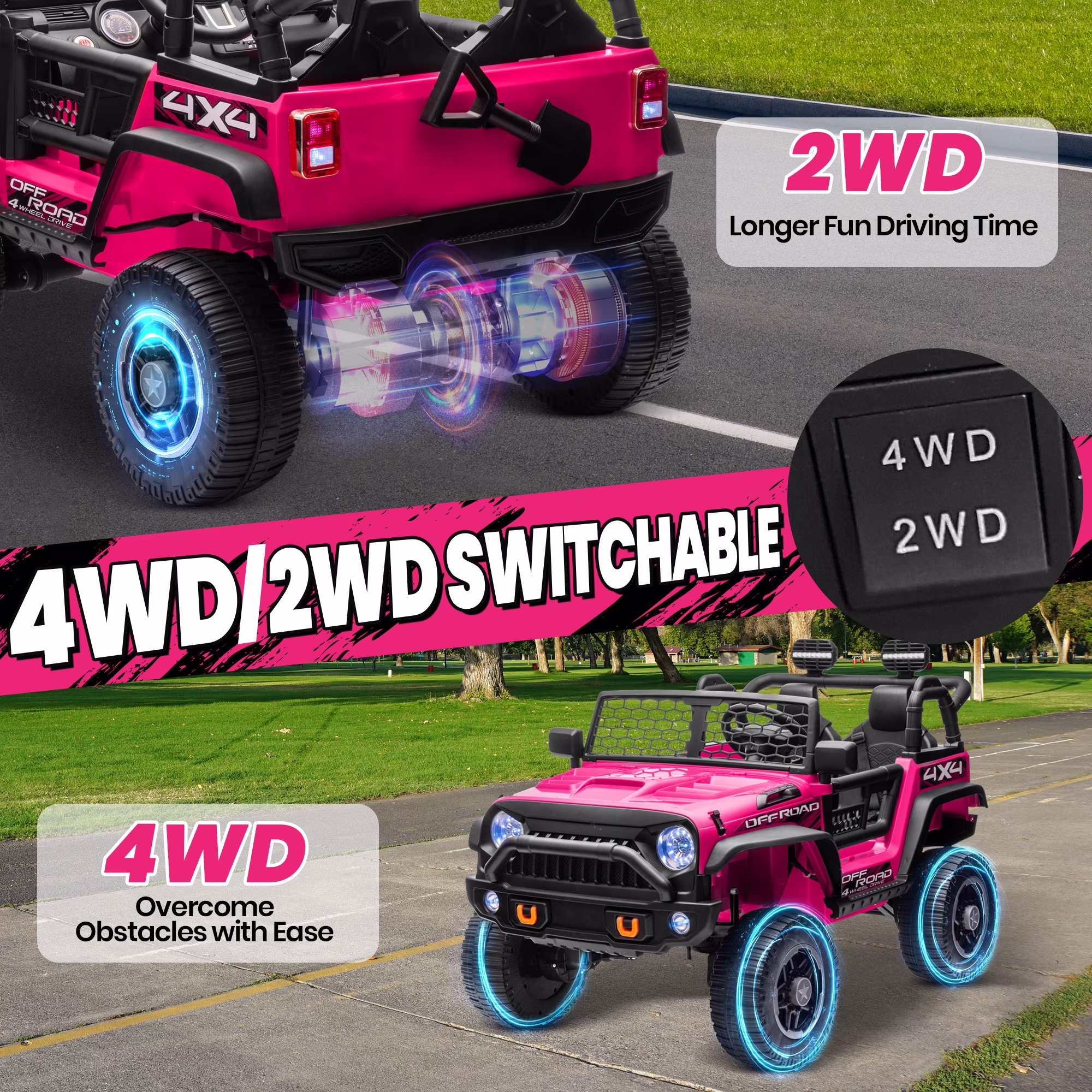 Joyracer 24V Ride on Toys Truck 4WD/2WD Switchable with Remote Control & 2 XL Seater, 800W Powered Ride on Car with Spring Suspension, 3 Speeds, Bluetooth Music Gift for Big Kids, Pink - Image 3