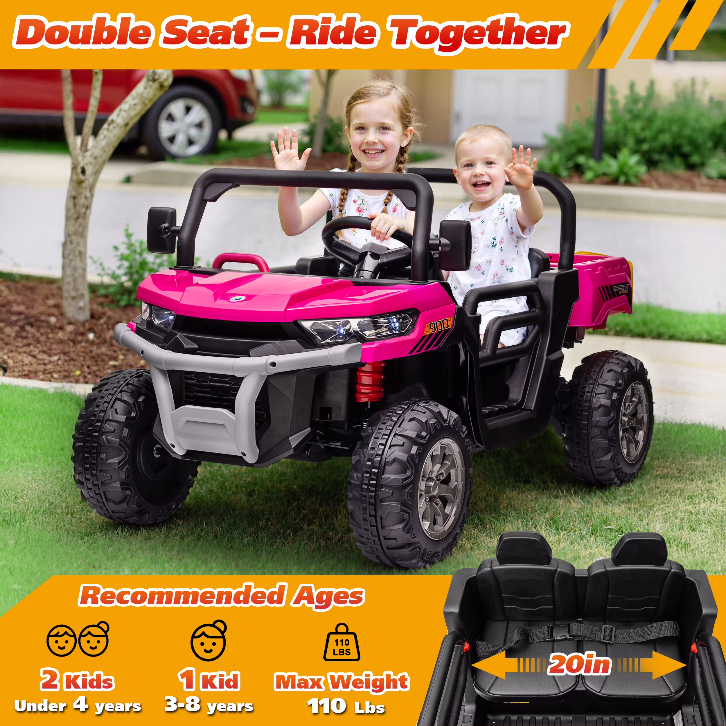 Joyracer 4WD 24 Volt Ride on Toys, 800W Ride on Truck for Kids, 2 Seater Power Car Wheels w/ Dump Bed & Shovel, Ride on UTV w/Remote Control, Bluetooth, LED Lights, Pink - Image 2