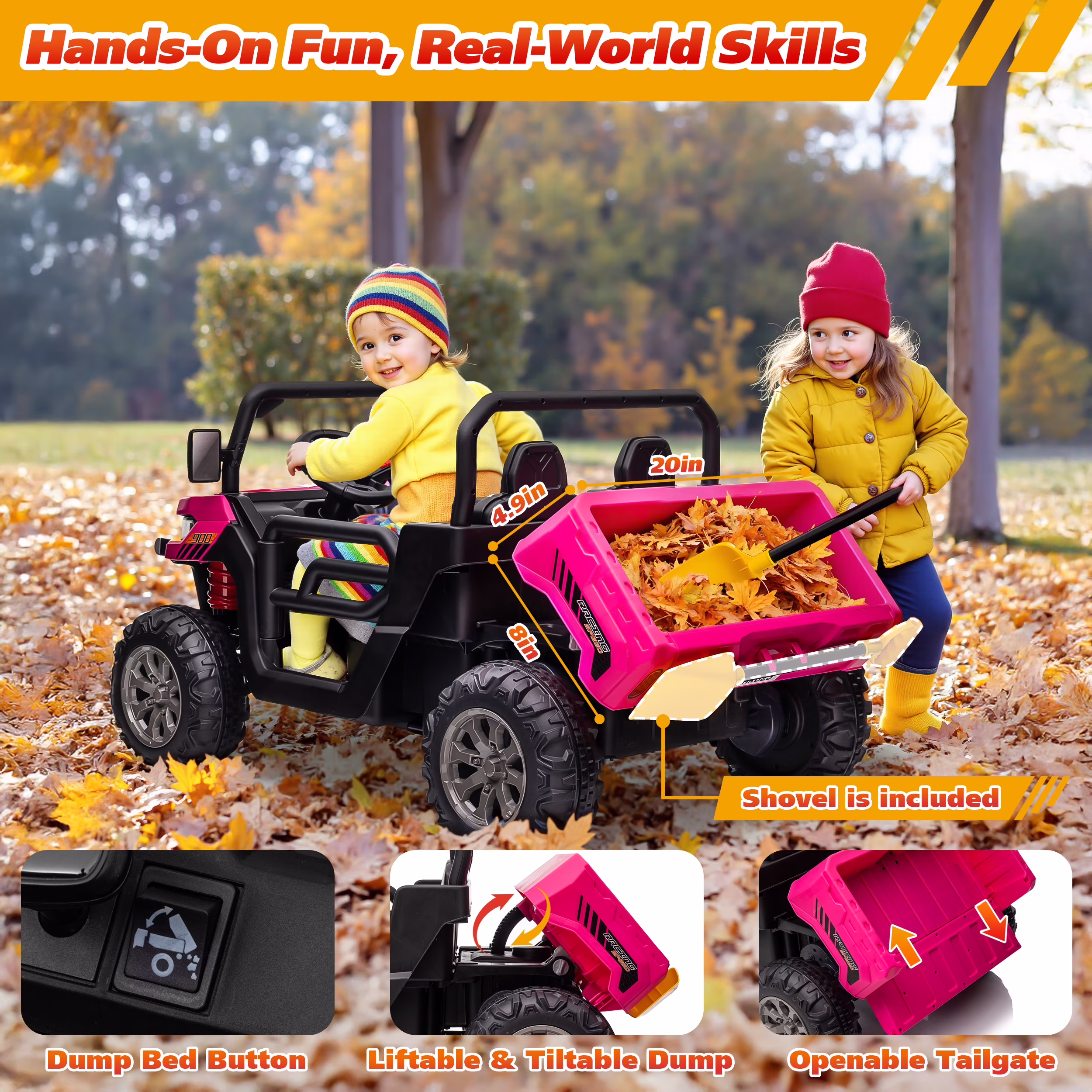 Joyracer 4WD 24 Volt Ride on Toys, 800W Ride on Truck for Kids, 2 Seater Power Car Wheels w/ Dump Bed & Shovel, Ride on UTV w/Remote Control, Bluetooth, LED Lights, Pink - Image 5