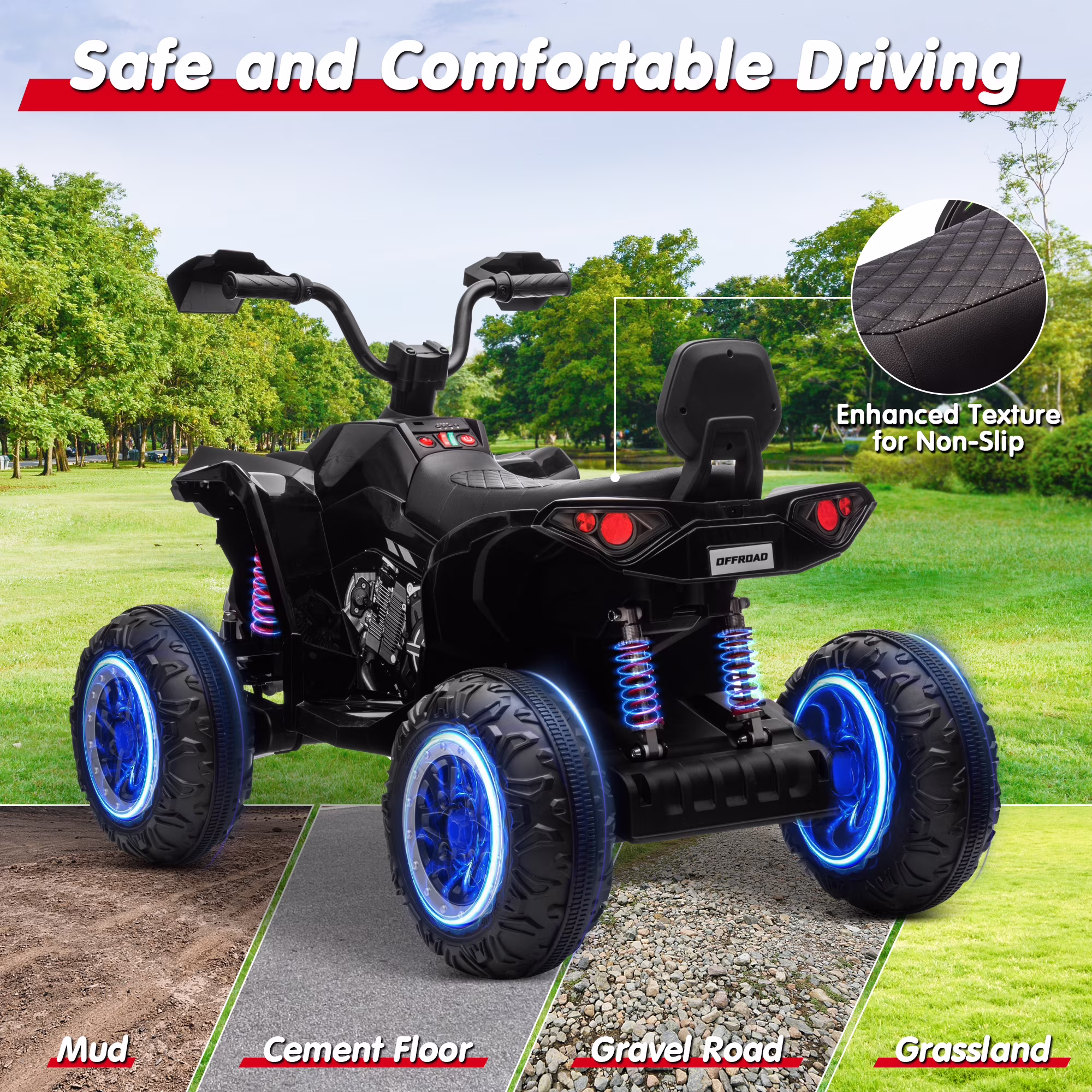 Joyracer 4WD 24V 2 Seaters Kids Ride on Toy, 4×200W Motors, 7AH Battery Powered Electric 4-Wheeler ATV w/ Kneepads, Music, Black - Image 4