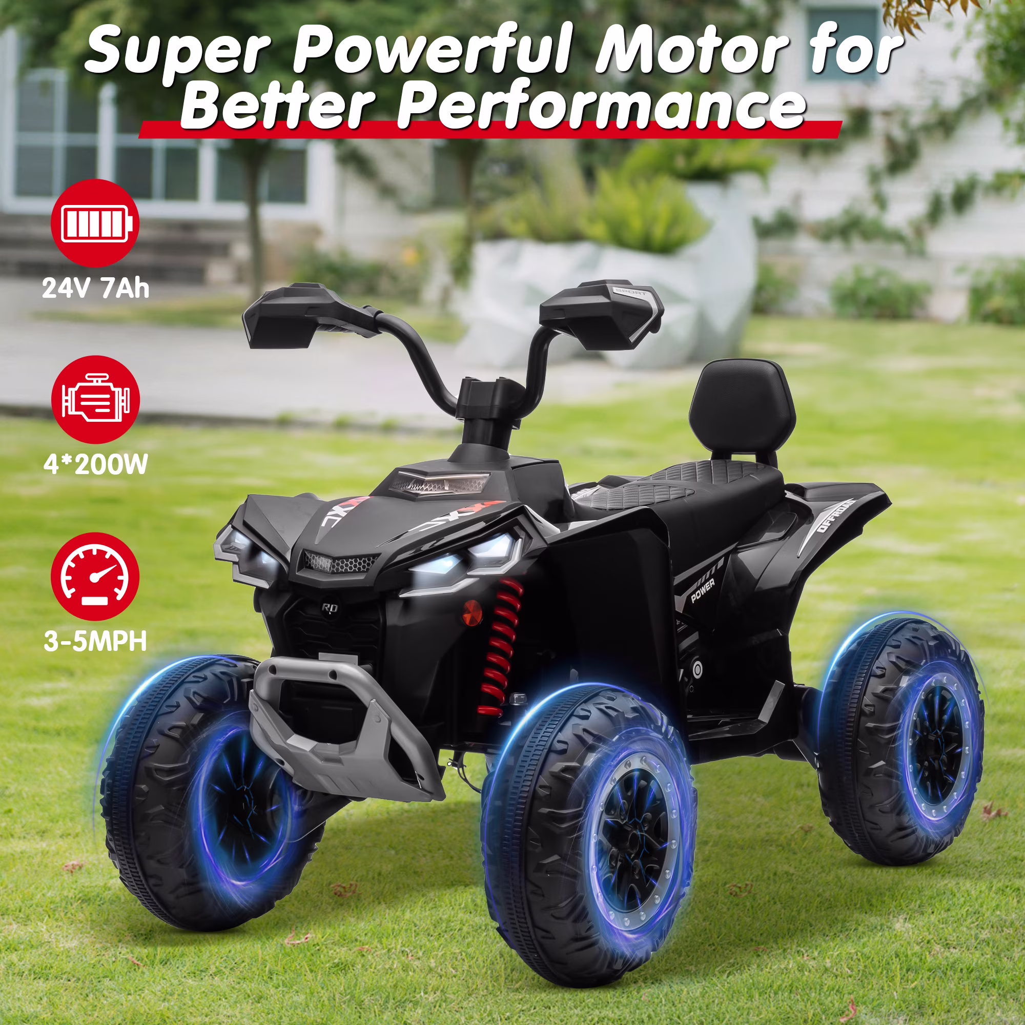 Joyracer 4WD 24V 2 Seaters Kids Ride on Toy, 4×200W Motors, 7AH Battery Powered Electric 4-Wheeler ATV w/ Kneepads, Music, Black - Image 5