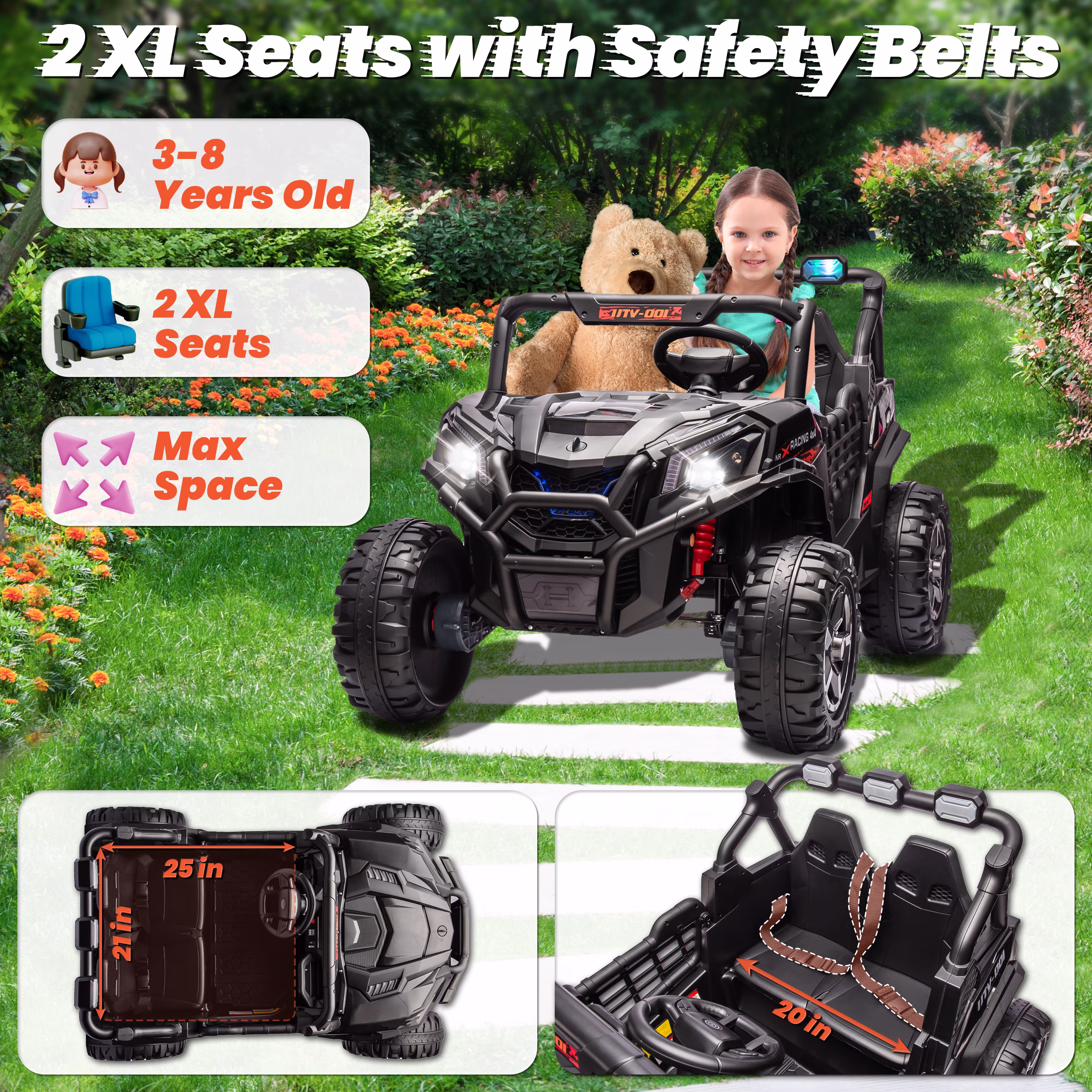 Joyracer 4WD 24V Ride on Toys Car w/ 2 XL Seater Remote Control, Electric UTV w/ 4*200W Motor, Power Car Wheels, LED Lights, Spring Suspension, 3 Speeds, Bluetooth Music, Black - Image 4