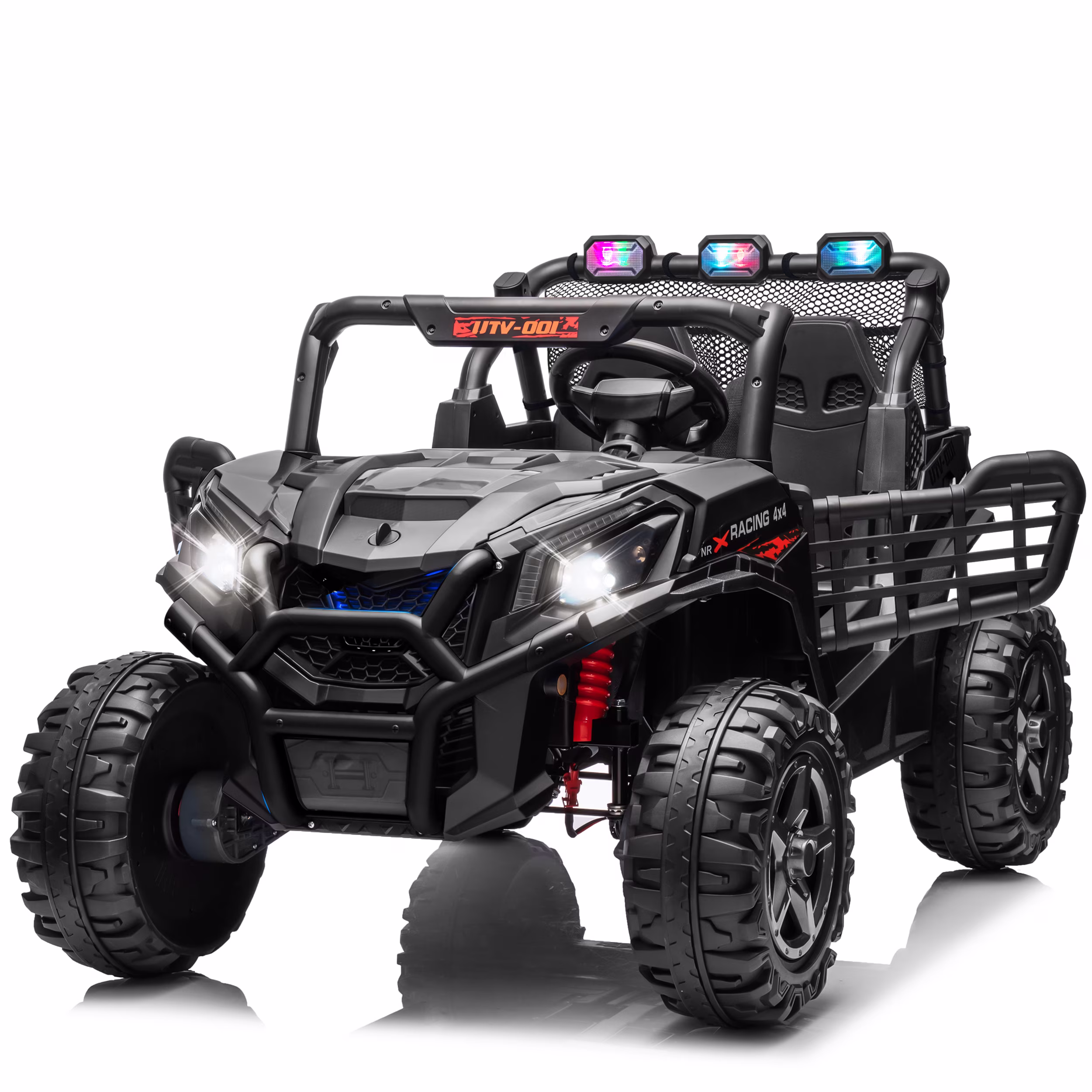 Joyracer 4WD 24V Ride on Toys Car w/ 2 XL Seater Remote Control, Electric UTV w/ 4*200W Motor, Power Car Wheels, LED Lights, Spring Suspension, 3 Speeds, Bluetooth Music, Black