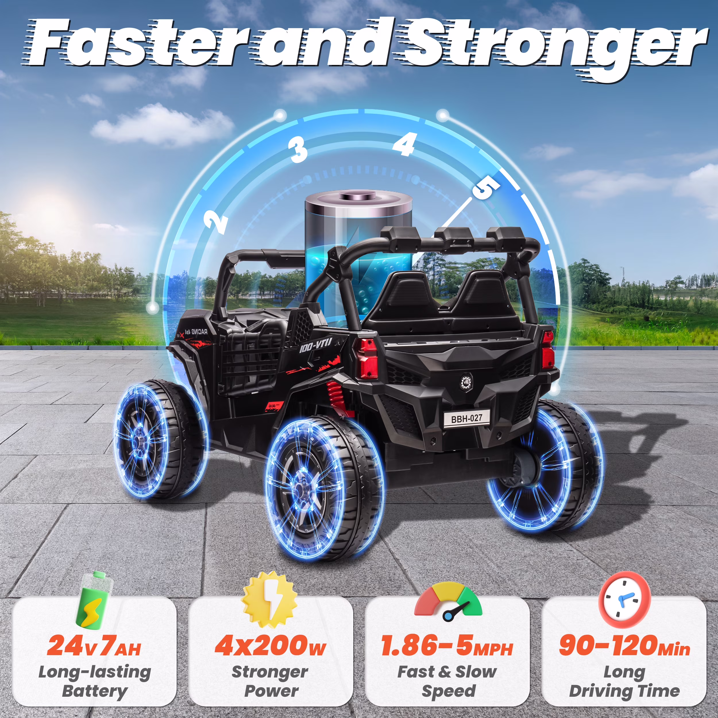 Joyracer 4WD 24V Ride on Toys Car w/ 2 XL Seater Remote Control, Electric UTV w/ 4*200W Motor, Power Car Wheels, LED Lights, Spring Suspension, 3 Speeds, Bluetooth Music, Black - Image 2