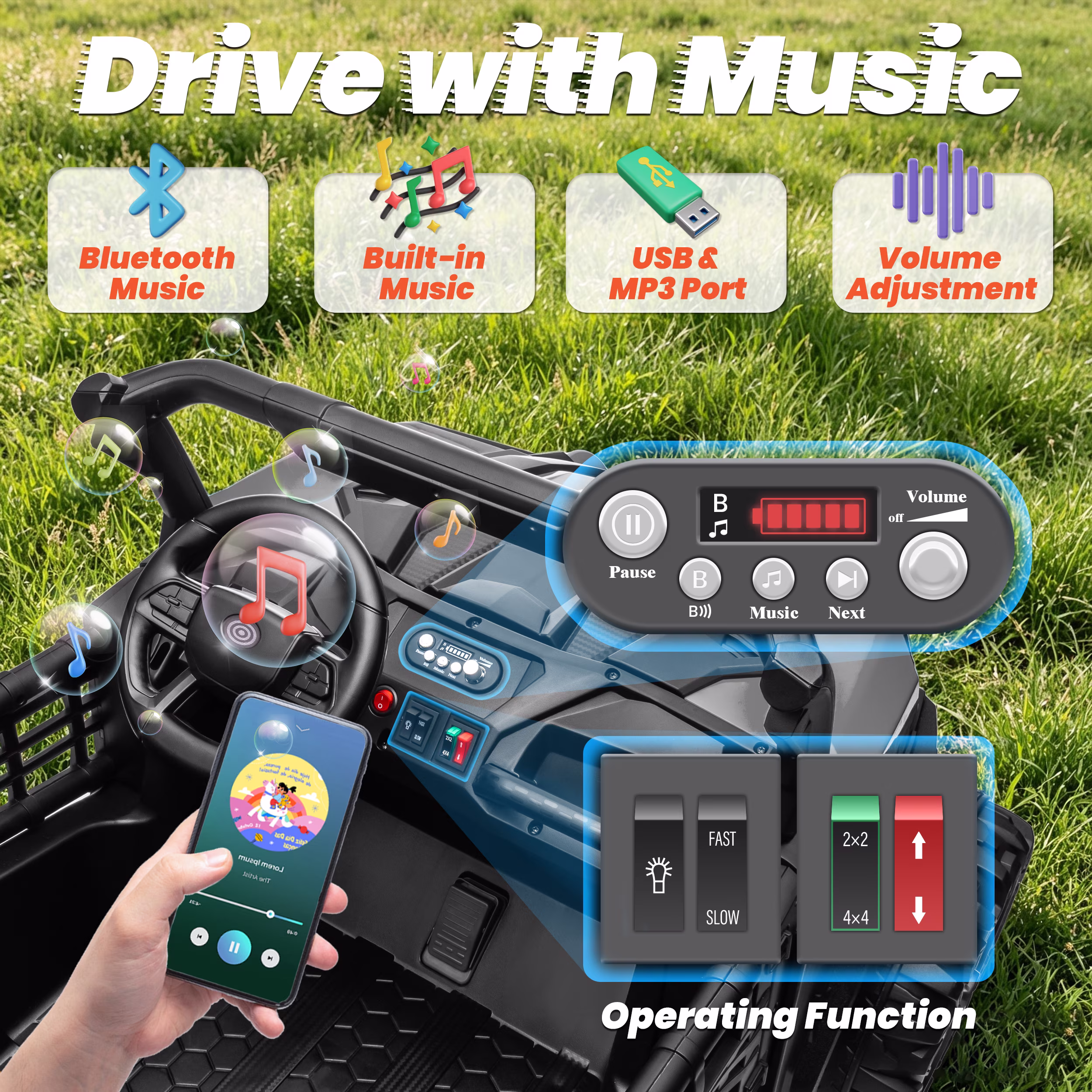 Joyracer 4WD 24V Ride on Toys Car w/ 2 XL Seater Remote Control, Electric UTV w/ 4*200W Motor, Power Car Wheels, LED Lights, Spring Suspension, 3 Speeds, Bluetooth Music, Black - Image 5