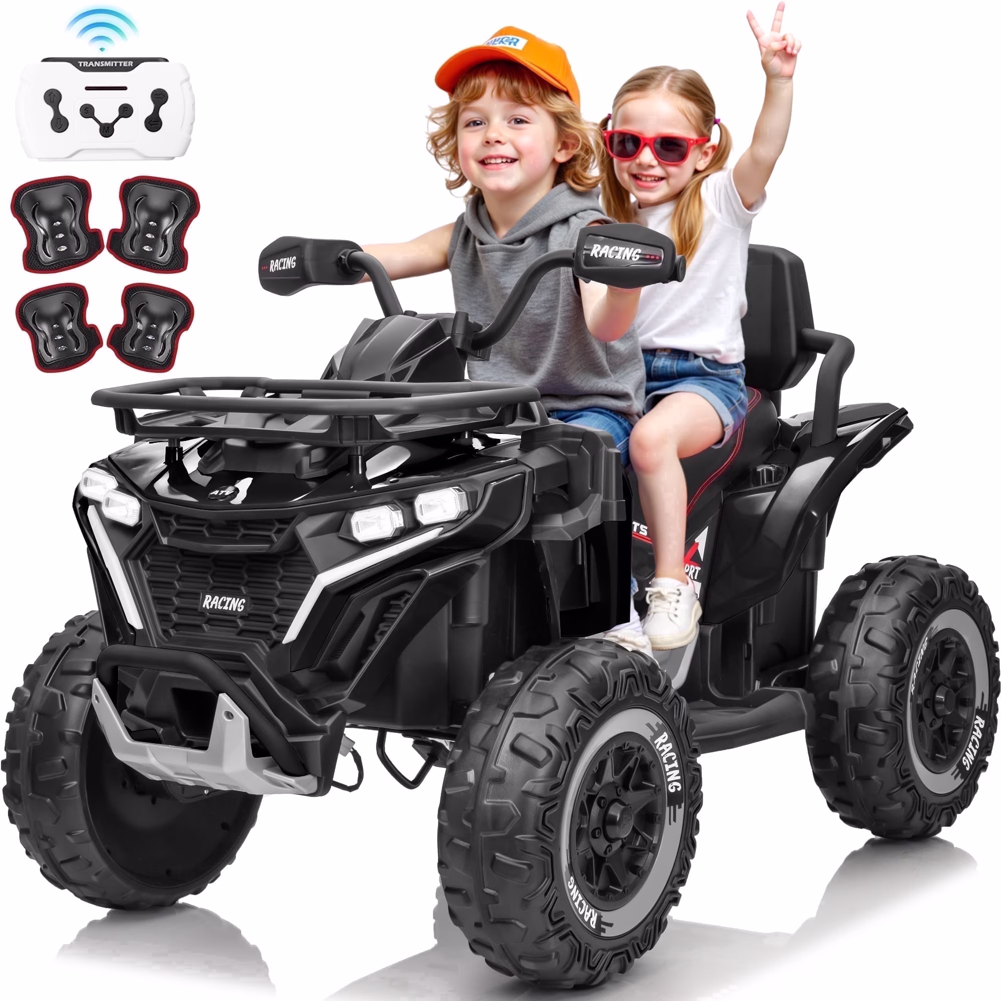 Joyracer ATV for Kids, 24 Volt Ride on Toys, 800W 4 Wheeler with 2 XL Seater, EVA Tires Power Car Wheels with Remote, Knee Pad, Music, Bluetooth, USB, Age 3-8, Max Speed Up to 5 MPH, Black