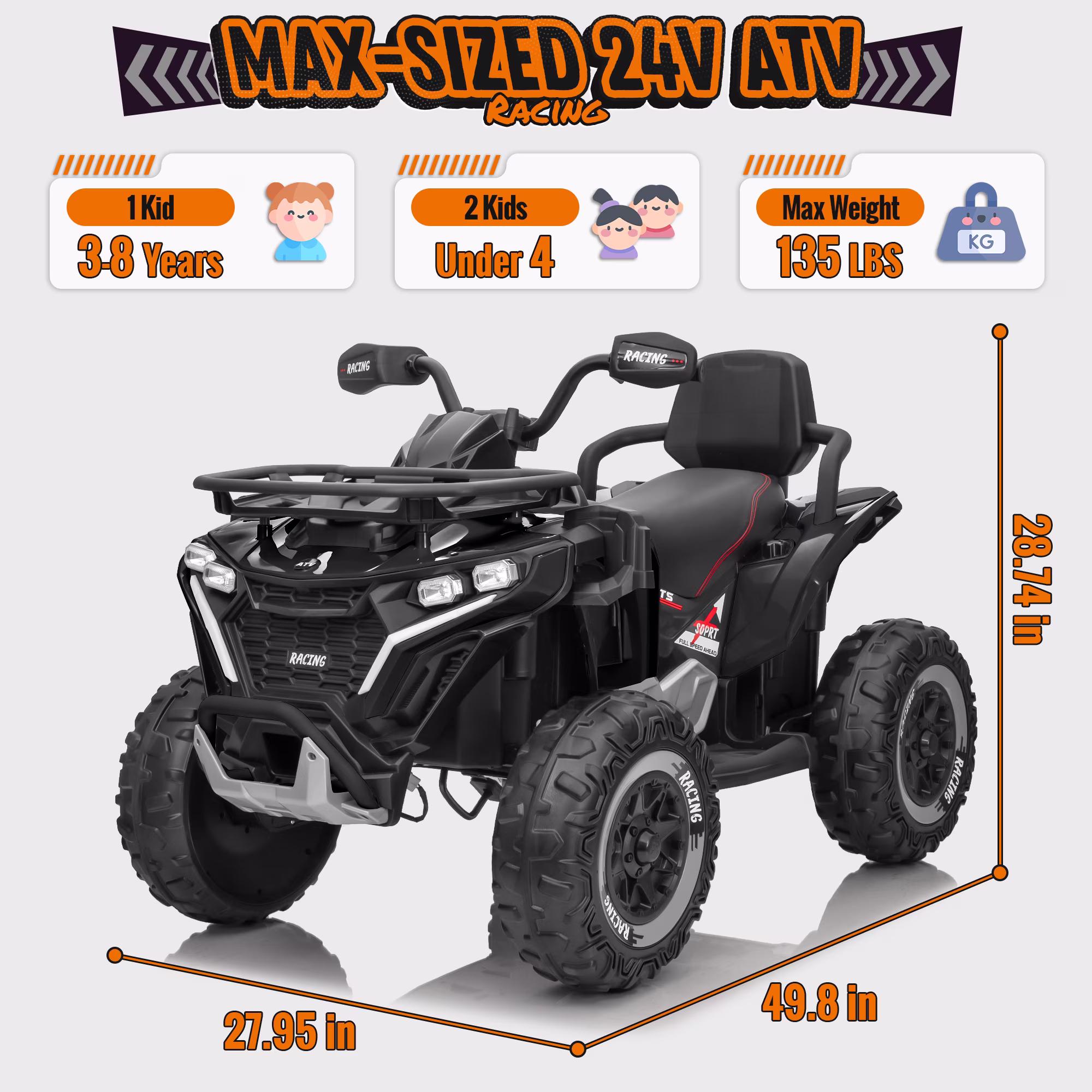 Joyracer ATV for Kids, 24 Volt Ride on Toys, 800W 4 Wheeler with 2 XL Seater, EVA Tires Power Car Wheels with Remote, Knee Pad, Music, Bluetooth, USB, Age 3-8, Max Speed Up to 5 MPH, Black - Image 2