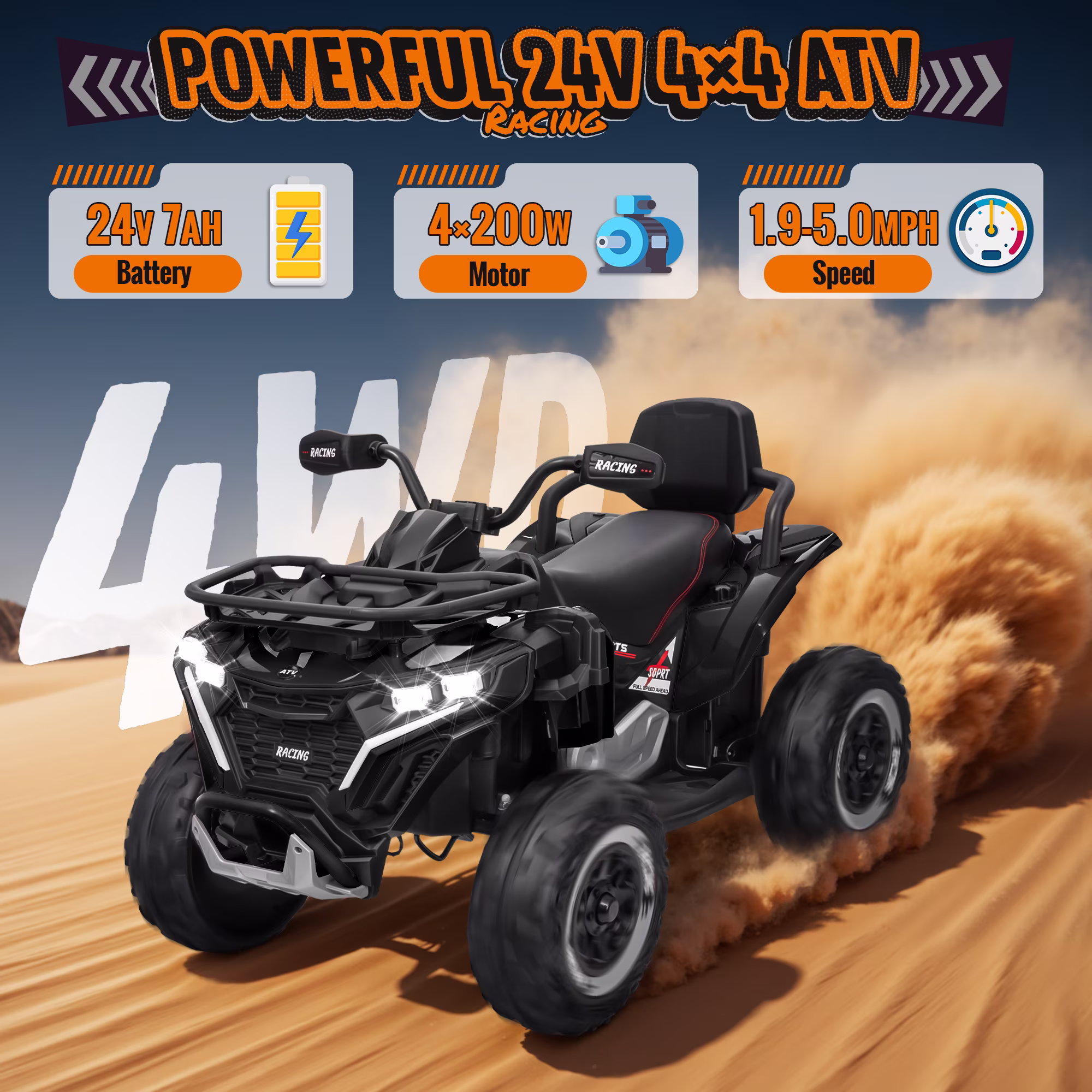 Joyracer ATV for Kids, 24 Volt Ride on Toys, 800W 4 Wheeler with 2 XL Seater, EVA Tires Power Car Wheels with Remote, Knee Pad, Music, Bluetooth, USB, Age 3-8, Max Speed Up to 5 MPH, Black - Image 3