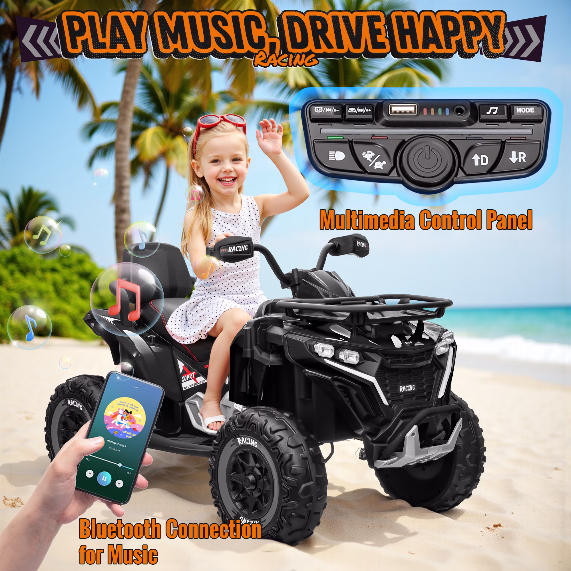 Joyracer ATV for Kids, 24 Volt Ride on Toys, 800W 4 Wheeler with 2 XL Seater, EVA Tires Power Car Wheels with Remote, Knee Pad, Music, Bluetooth, USB, Age 3-8, Max Speed Up to 5 MPH, Black - Image 5