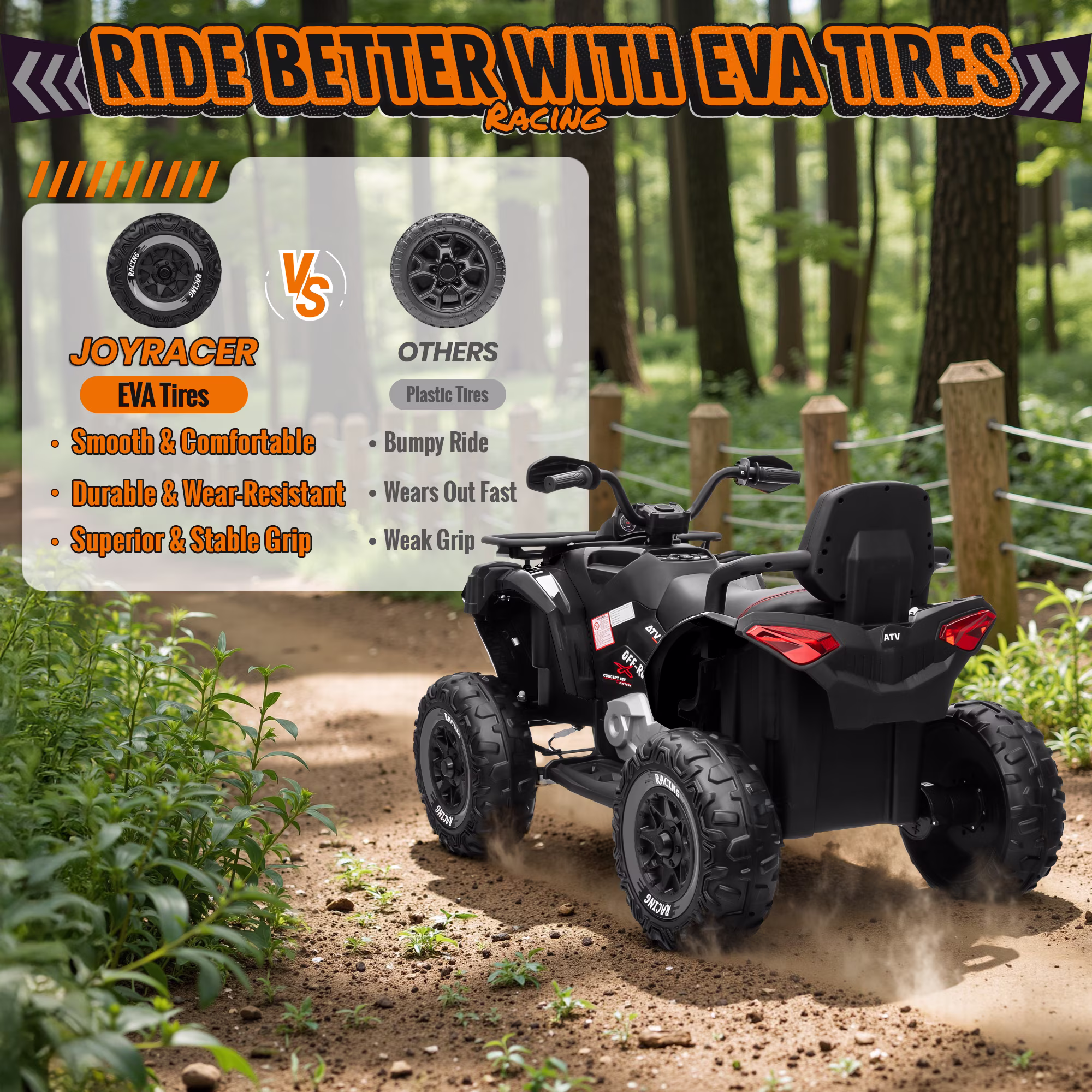 Joyracer ATV for Kids, 24 Volt Ride on Toys, 800W 4 Wheeler with 2 XL Seater, EVA Tires Power Car Wheels with Remote, Knee Pad, Music, Bluetooth, USB, Age 3-8, Max Speed Up to 5 MPH, Black - Image 4