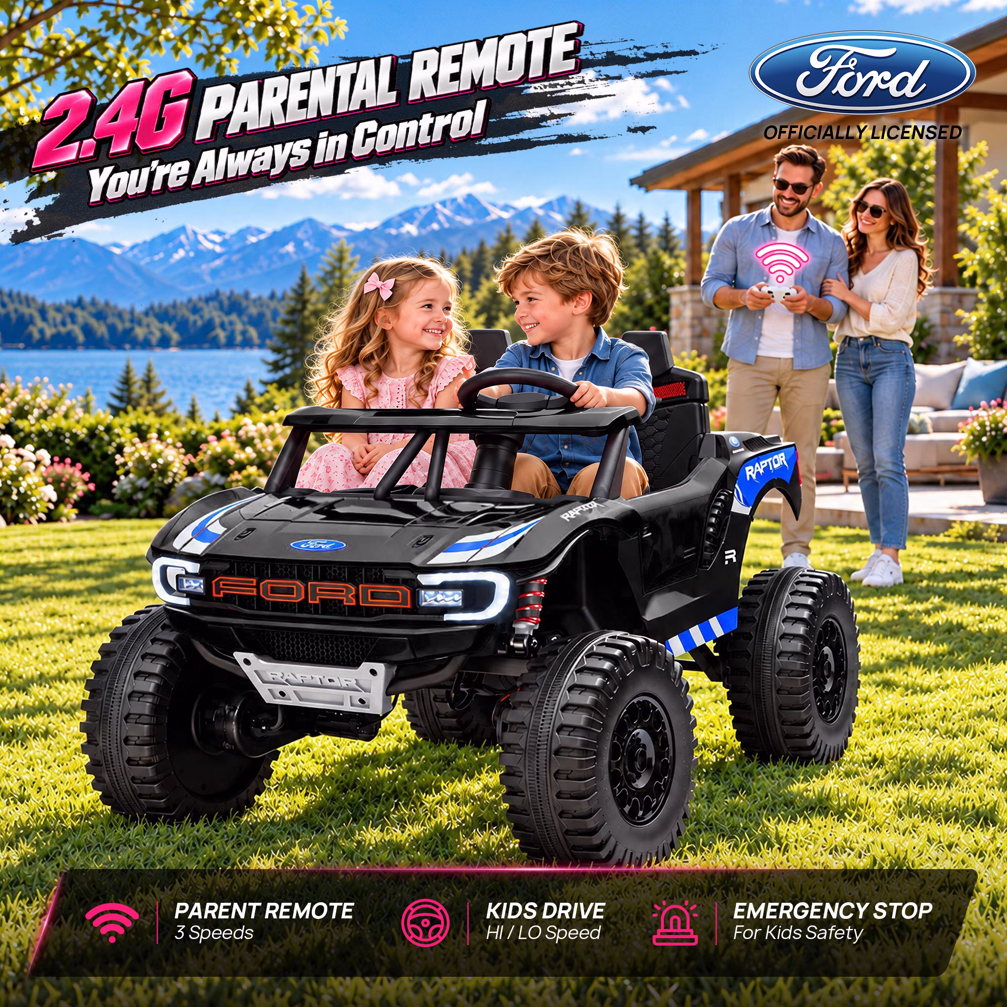 Joyracer Licensed Ford Raptor 24V 800W 4WD Kids Ride on Toys, 2 Seater Ride On Car with Remote Control, Bluetooth Music, 3 Speeds, Ages 3-8, Black - Image 3