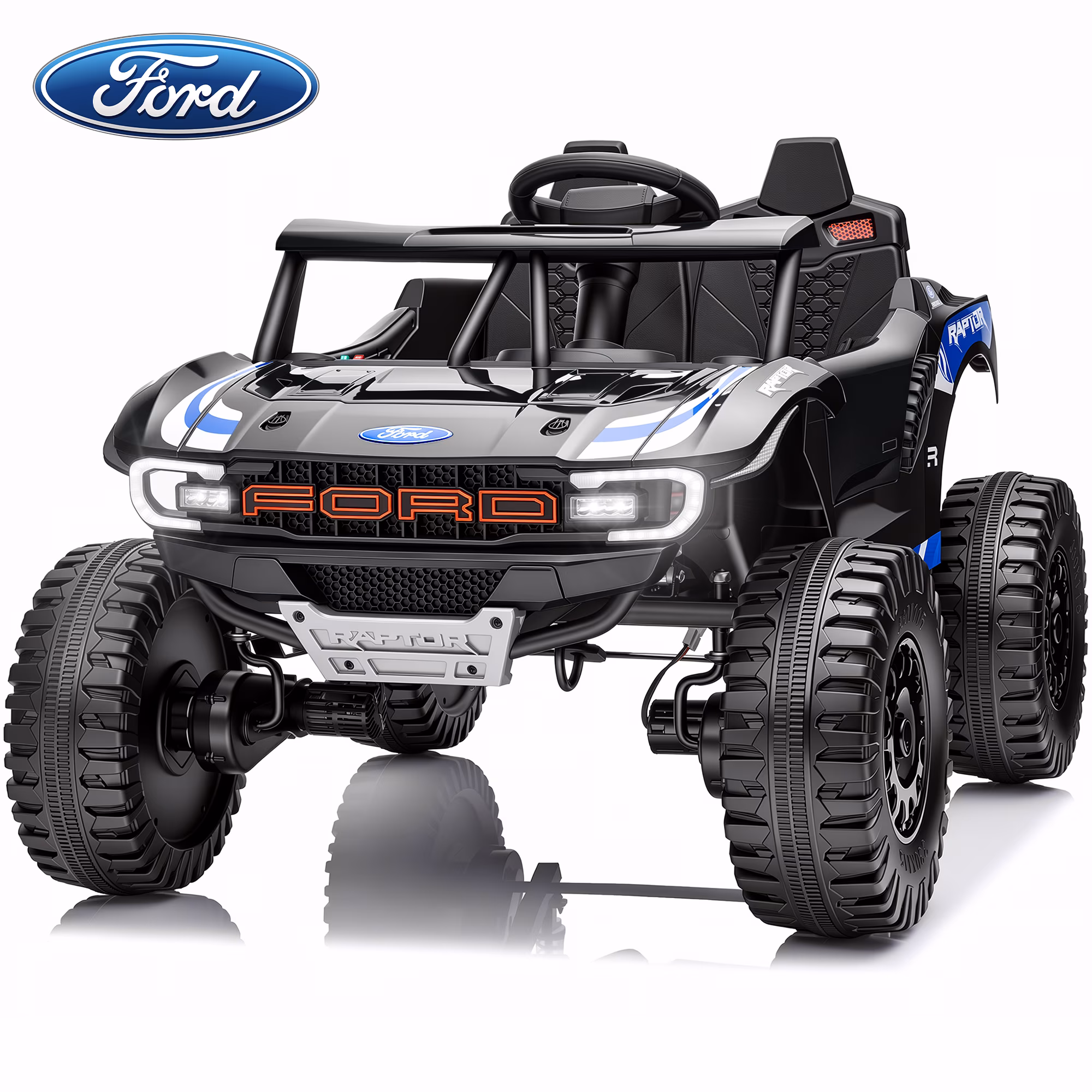Joyracer Licensed Ford Raptor 24V 800W 4WD Kids Ride on Toys, 2 Seater Ride On Car with Remote Control, Bluetooth Music, 3 Speeds, Ages 3-8, Black