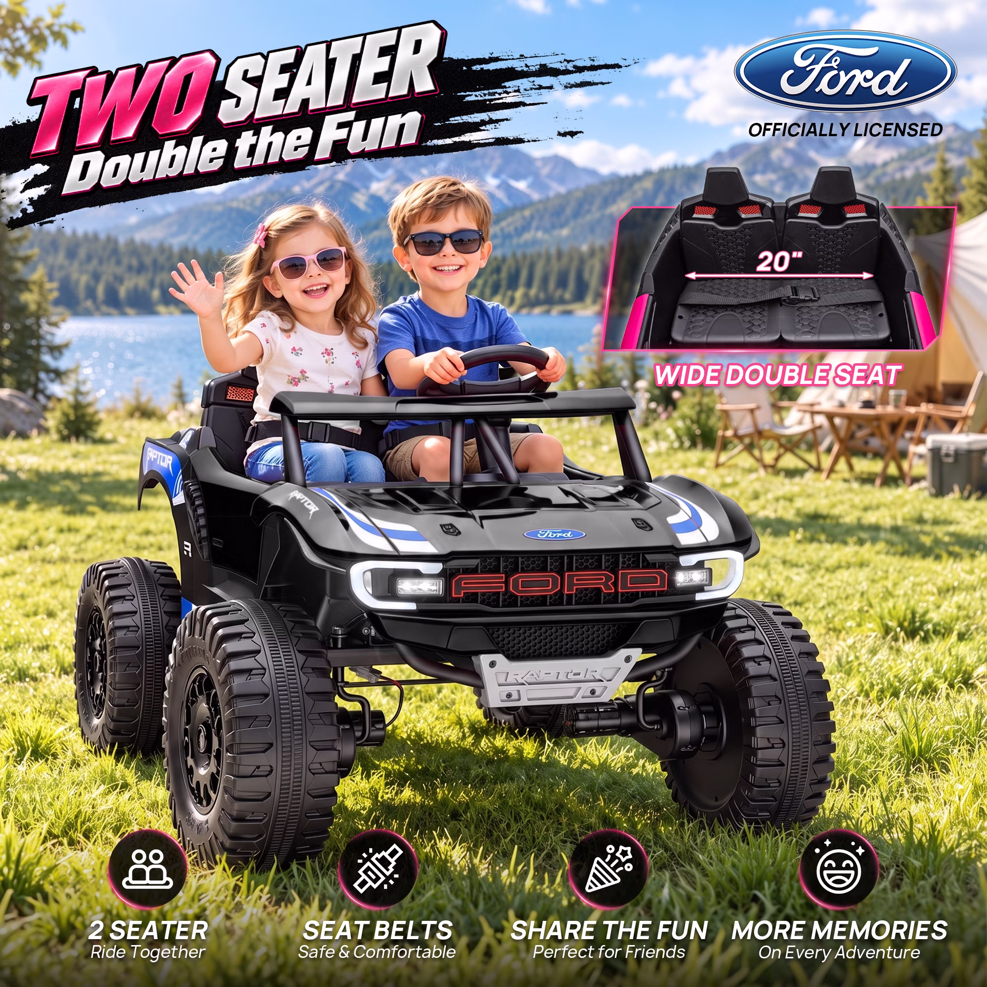 Joyracer Licensed Ford Raptor 24V 800W 4WD Kids Ride on Toys, 2 Seater Ride On Car with Remote Control, Bluetooth Music, 3 Speeds, Ages 3-8, Black - Image 5