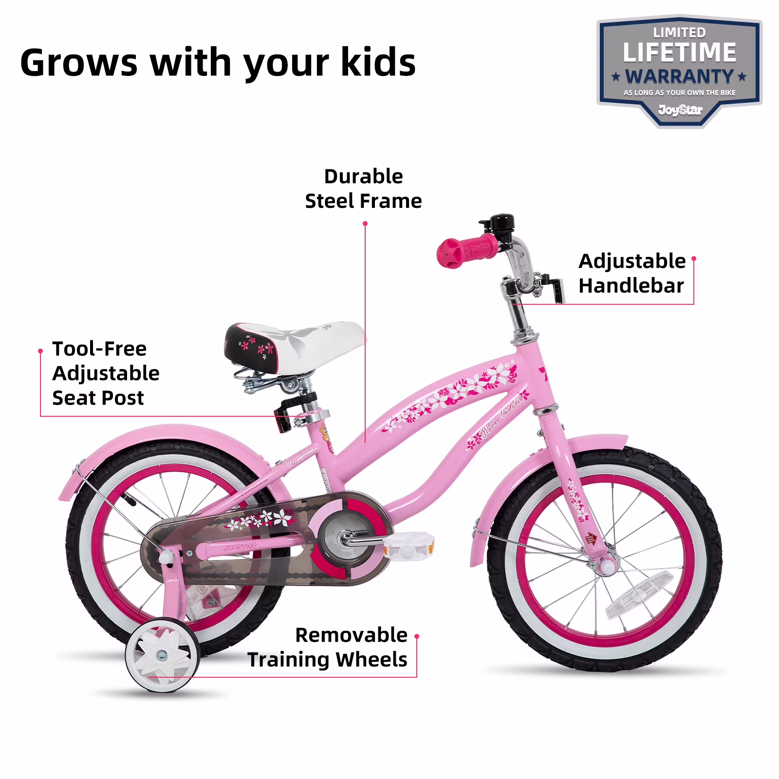 JOYSTAR 12" 14" 16" Kids Cruiser Bike for Ages 2-7 Years Old Girls & Boys, Kids Bike with Training Wheels, Cruiser Bicycles for Children, Pink - Image 3