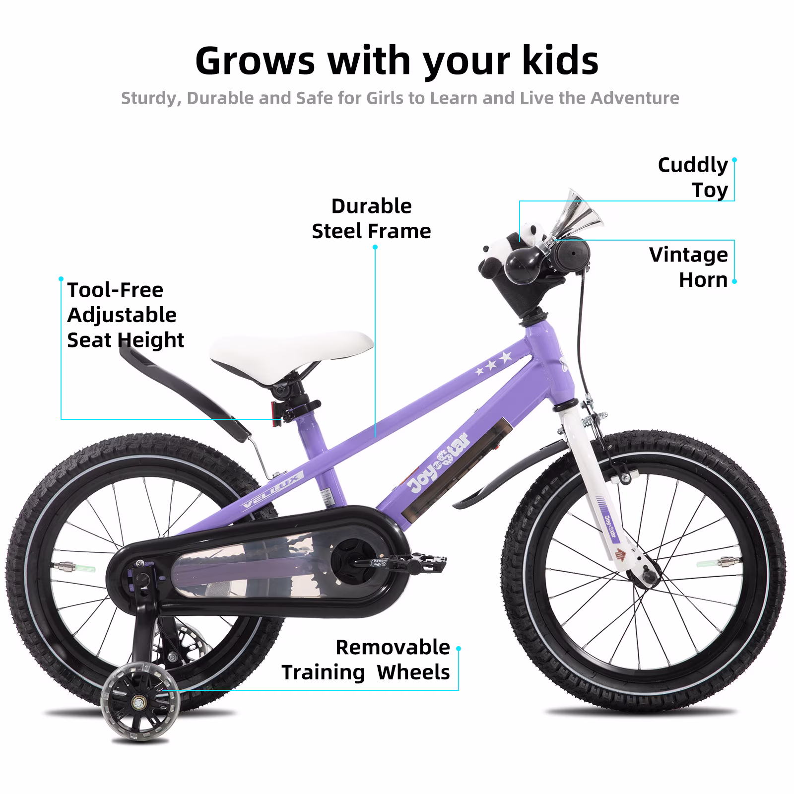 JOYSTAR 12 16 20 Inch Kids Bike with Training Wheels, Cute Plush Toy & Bell Horn – Safe, Adjustable & Fun for Ages 2-12, Purple - Image 5
