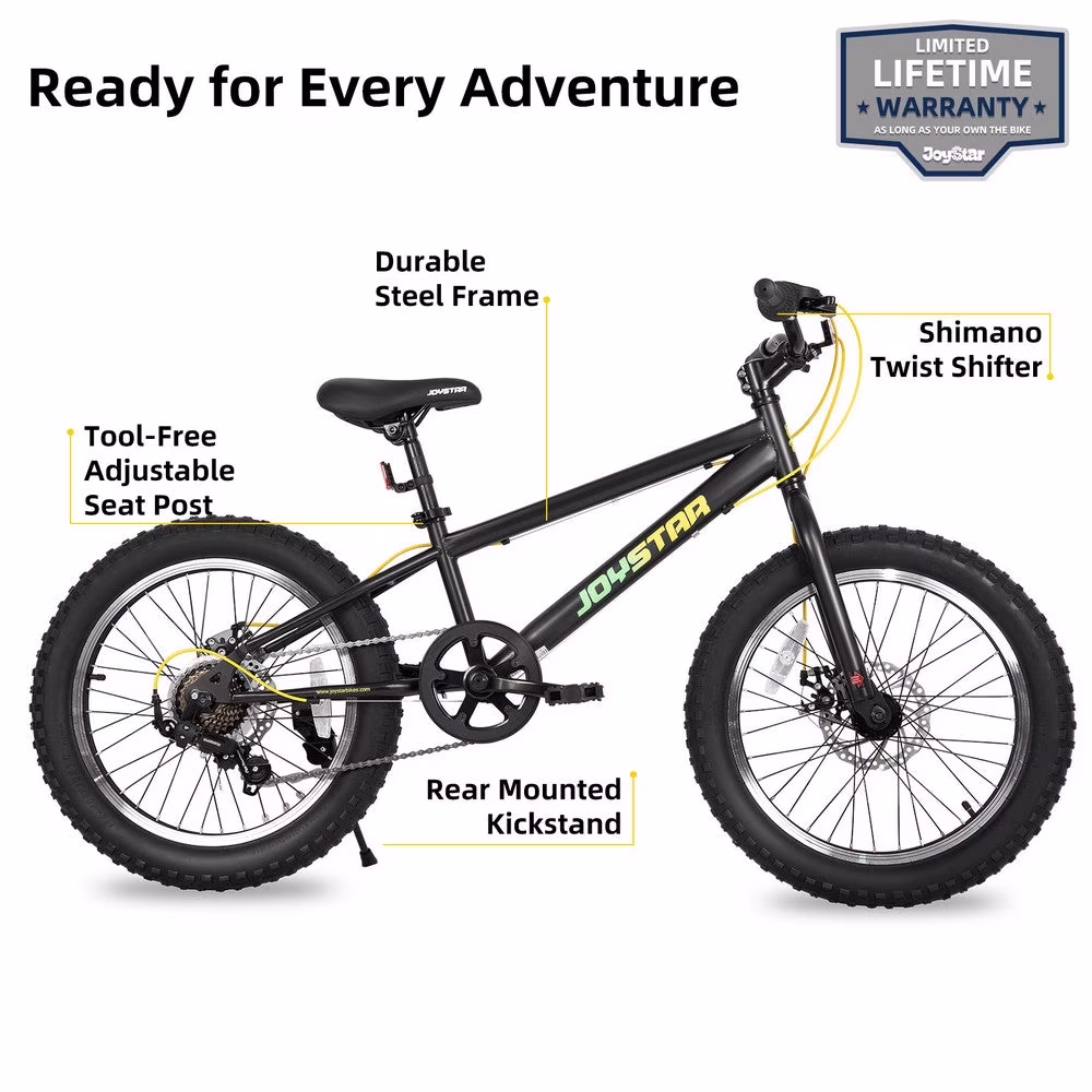 JOYSTAR 20 Inch Mountain Bike for Kids Ages 7-12 Year Old, 3-Inch Wide Knobby Tires, 7 Speed Shimano Drivetrain, Disc Brakes, Fat Tire Kids Bicycles for Boys Girls, Black - Image 2