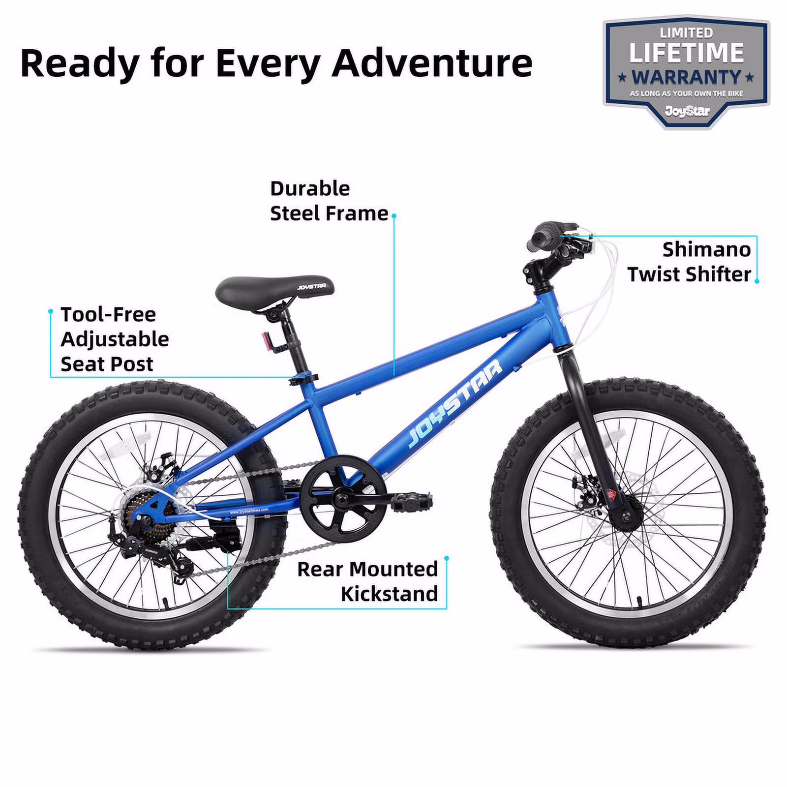 JOYSTAR 20 Inch Mountain Bike for Kids Ages 7-12 Year Old, 3-Inch Wide Knobby Tires, 7 Speed Shimano Drivetrain, Disc Brakes, Fat Tire Kids Bicycles for Boys Girls, Blue - Image 2