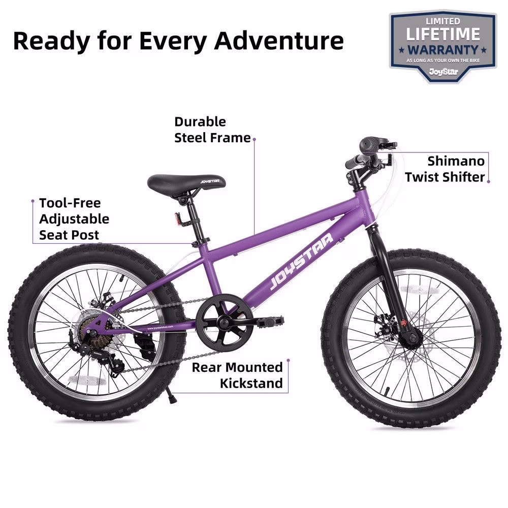 JOYSTAR 20 Inch Mountain Bike for Kids Ages 7-12 Year Old, 3-Inch Wide Knobby Tires, 7 Speed Shimano Drivetrain, Disc Brakes, Fat Tire Kids Bicycles for Boys Girls - Image 2
