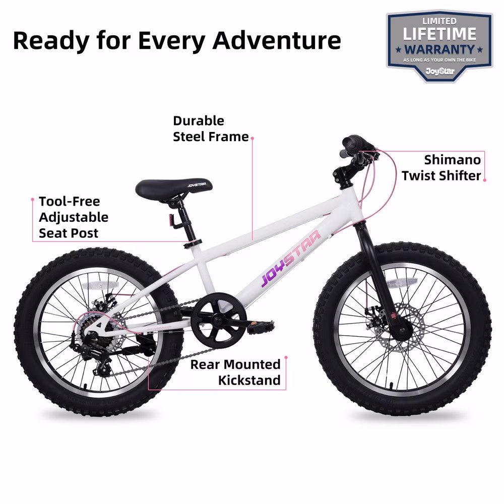 JOYSTAR 20 Inch Mountain Bike for Kids Ages 7-12 Year Old, 3-Inch Wide Knobby Tires, 7 Speed Shimano Drivetrain, Disc Brakes, Fat Tire Kids Bicycles for Boys Girls, White - Image 4