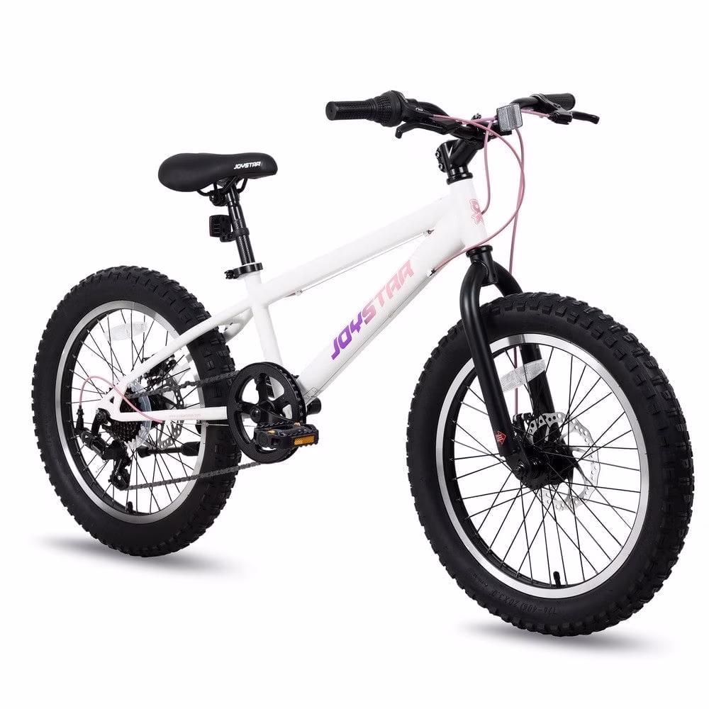JOYSTAR 20 Inch Mountain Bike for Kids Ages 7-12 Year Old, 3-Inch Wide Knobby Tires, 7 Speed Shimano Drivetrain, Disc Brakes, Fat Tire Kids Bicycles for Boys Girls, White