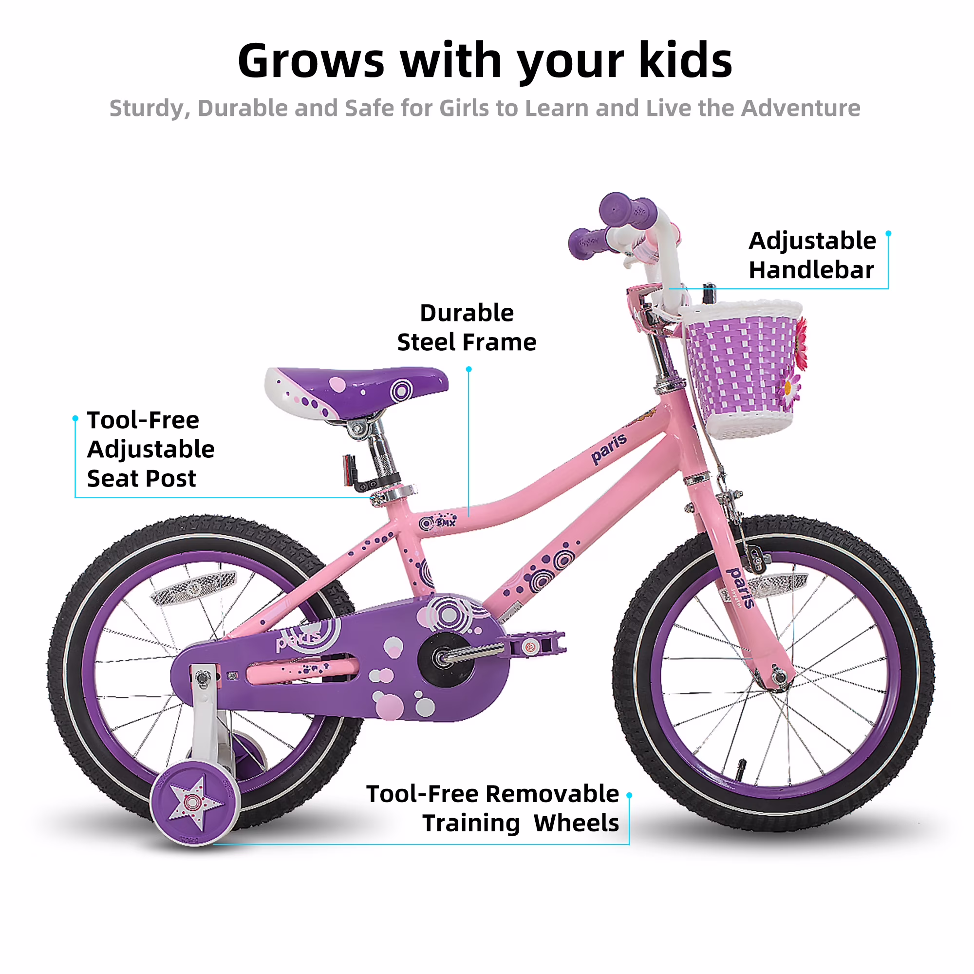 JOYSTAR Paris 14" Girls Bike with Training Wheels, Kids Bicycle for Ages 3-5, Pink - Image 5