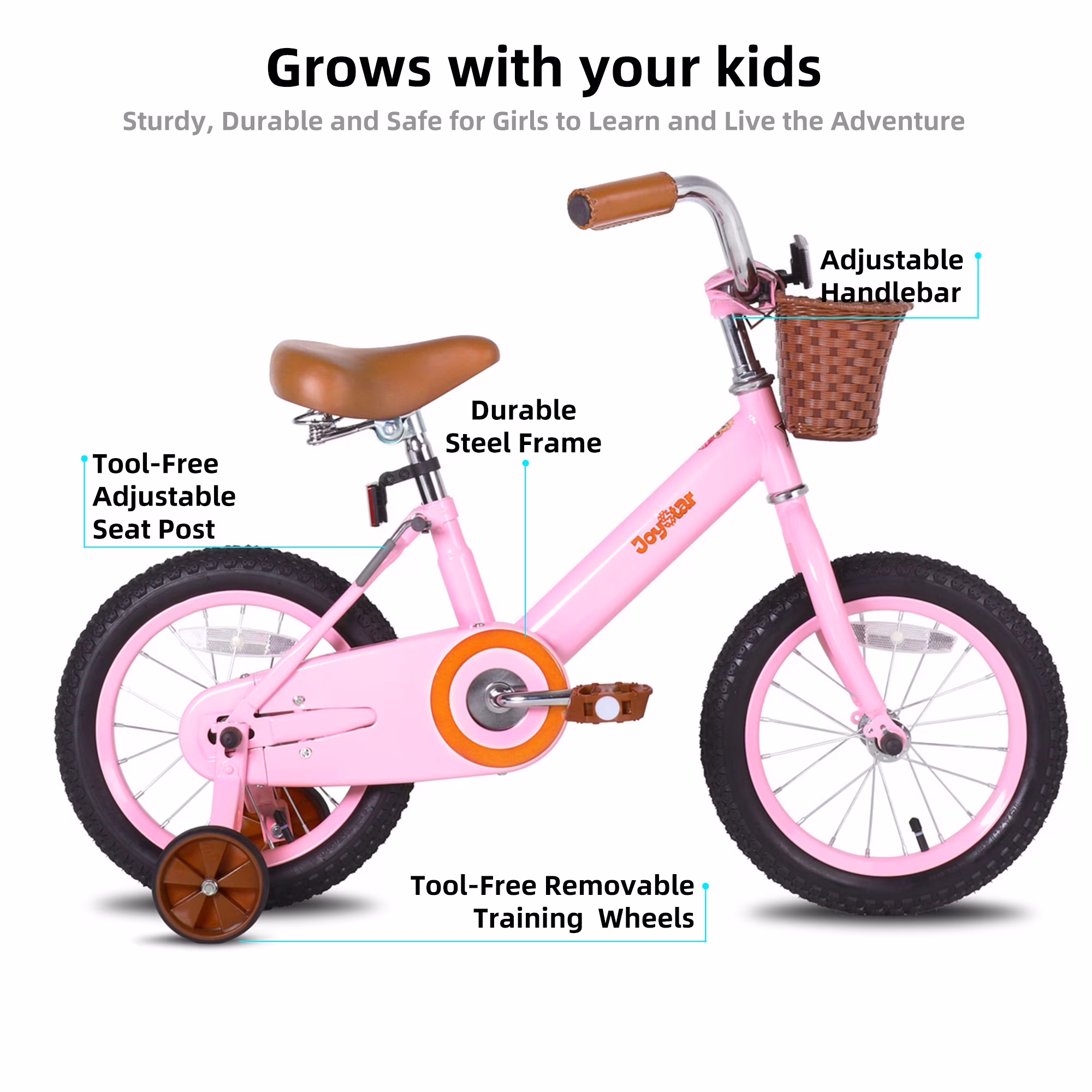 JOYSTAR Vintage Kids Bike with Basket & Training Wheels,12 14 16 20 24 Inch Kids Bike for 2-14 Years Old Girls & Boys, Pink - Image 3