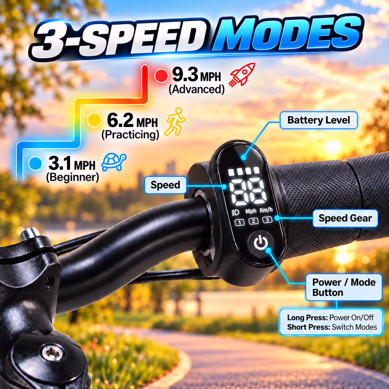 JoyStone 14Inch Electric Balance Bike for Kids, 270W Electric Bike with 3 Speed Modes Up to 9.3 MPH, Safe Kick-to-Start, LCD Display, LED Lights, Outdoor Ride on Toys for Boys, Black - Image 4