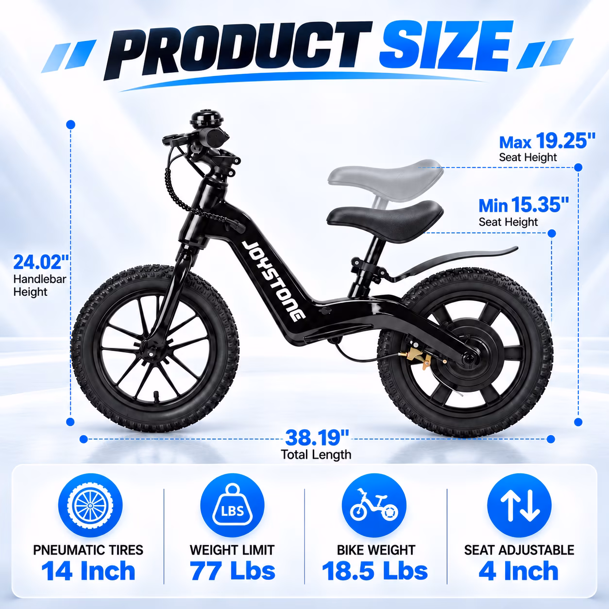 JoyStone 14Inch Electric Balance Bike for Kids, 270W Electric Bike with 3 Speed Modes Up to 9.3 MPH, Safe Kick-to-Start, LCD Display, LED Lights, Outdoor Ride on Toys for Boys, Black - Image 2