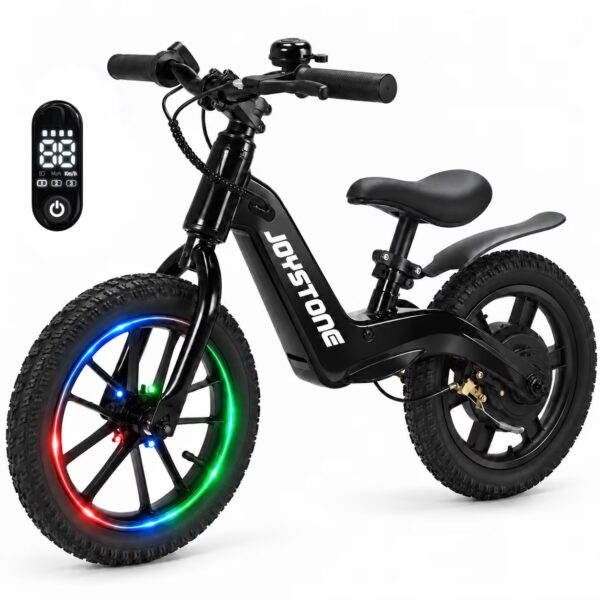 JoyStone 14Inch Electric Balance Bike for Kids, 270W Electric Bike with 3 Speed Modes Up to 9.3 MPH, Safe Kick-to-Start, LCD Display, LED Lights, Outdoor Ride on Toys for Boys, Black