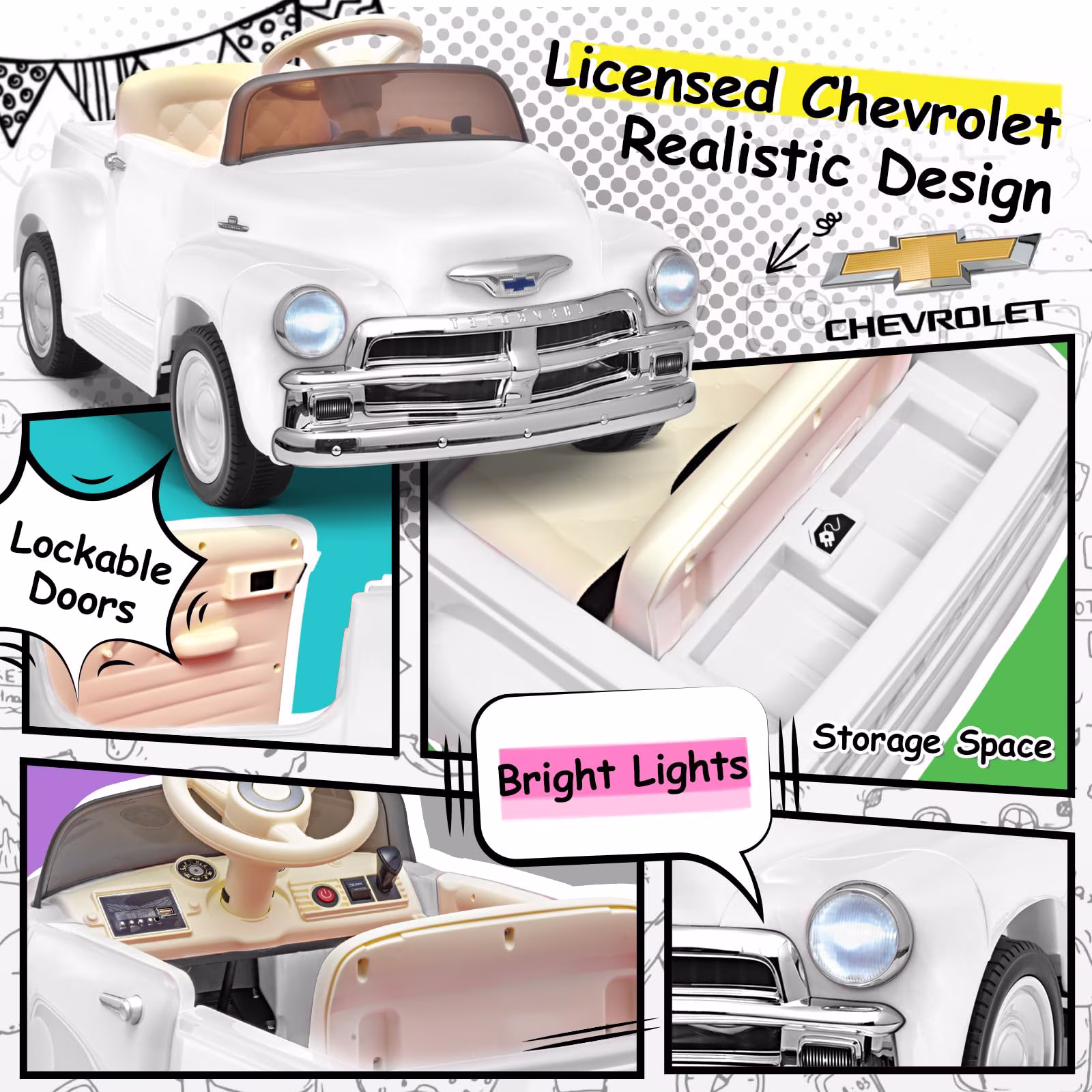Joywhale 12V Kids Ride on Car Licensed Chevrolet, Vantage kids Car, Retro Style,Age3-6,White - Image 3