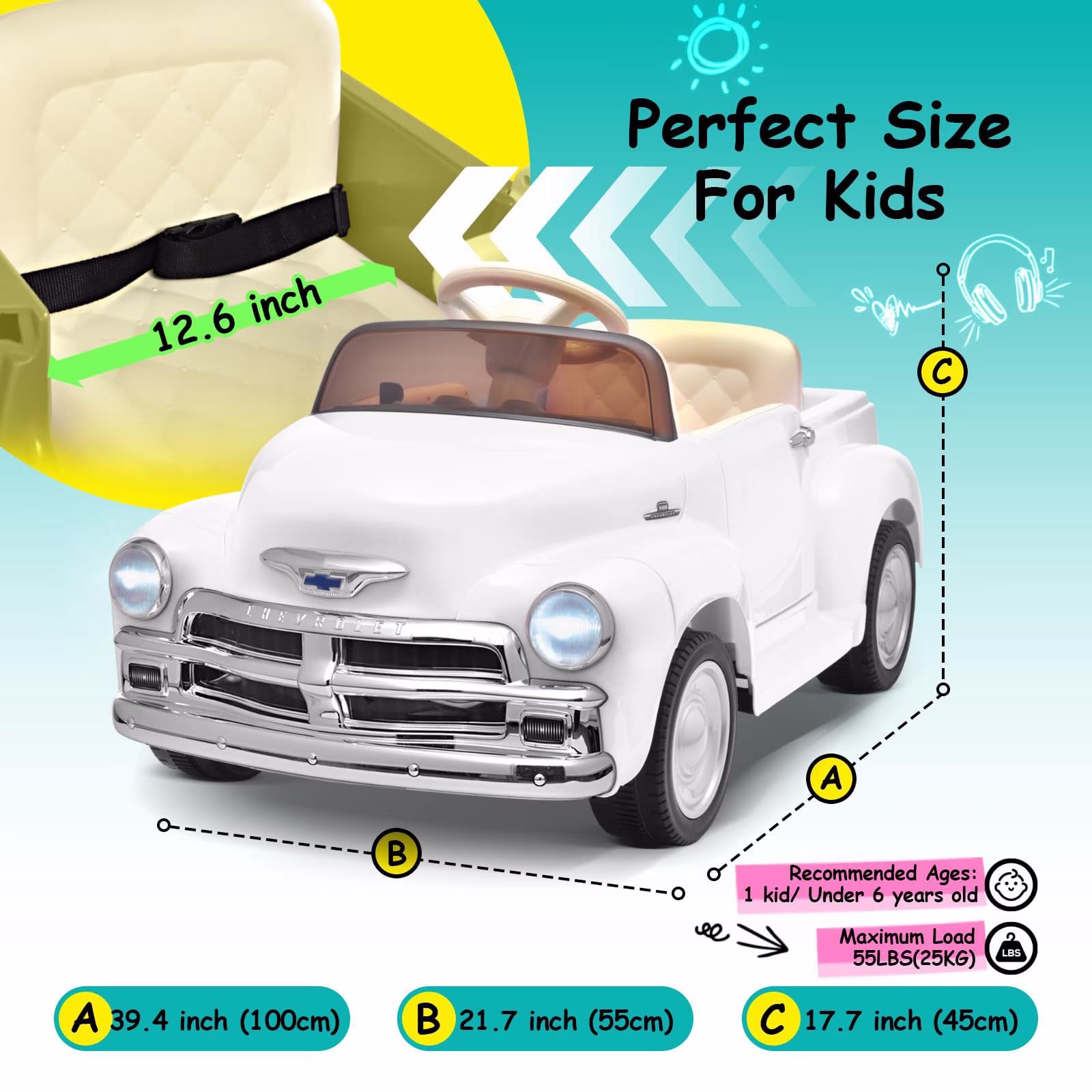 Joywhale 12V Kids Ride on Car Licensed Chevrolet, Vantage kids Car, Retro Style,Age3-6,White - Image 5