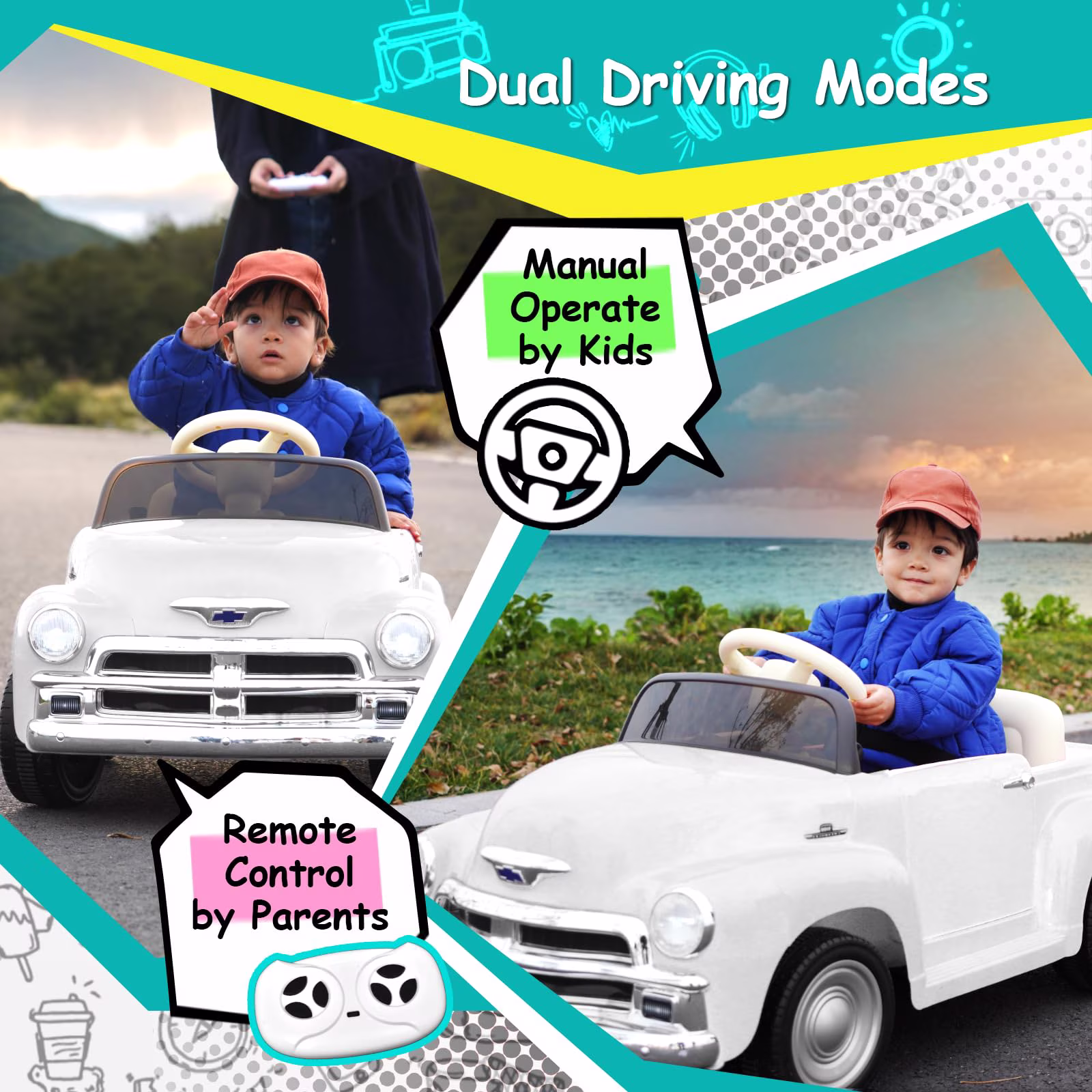 Joywhale 12V Kids Ride on Car Licensed Chevrolet, Vantage kids Car, Retro Style,Age3-6,White - Image 4
