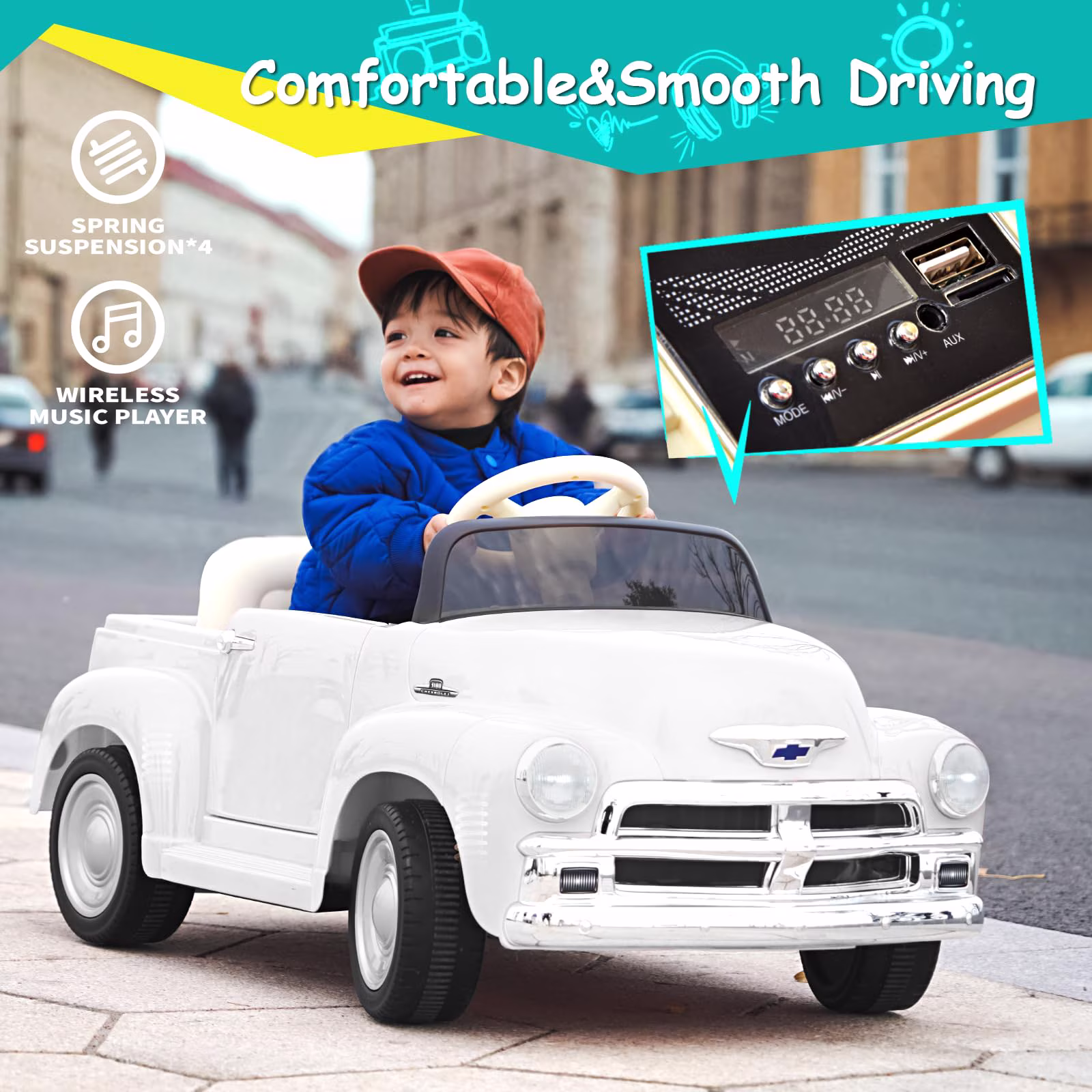 Joywhale 12V Kids Ride on Car Licensed Chevrolet, Vantage kids Car, Retro Style,Age3-6,White - Image 2