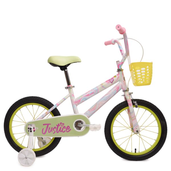 Justice Boardwalk Brights 16” Cotton Candy Swirl Bike with Basket, Charms & Optional Training Wheels