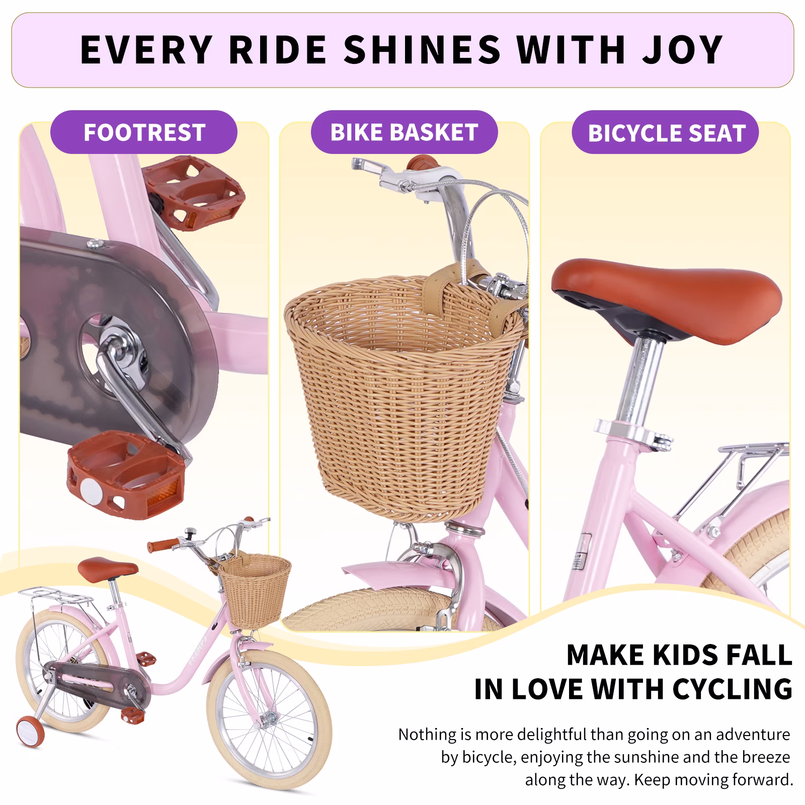 Juuar 16" Kids Bike with Training Wheels & Detachable Basket, Single Speed Steel Frame Children Bicycle for Girls Age 4-7 Years, Pink - Image 2