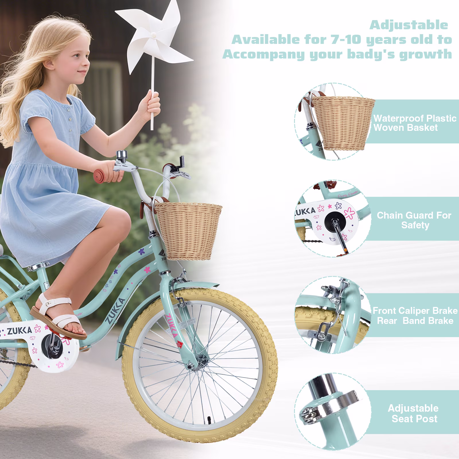 Juuar 20" Kids Bike with Basket, Single Speed Children Bicycle, Cute Girls Bike Birthday Gifts for 7+ Years Old, Green - Image 3