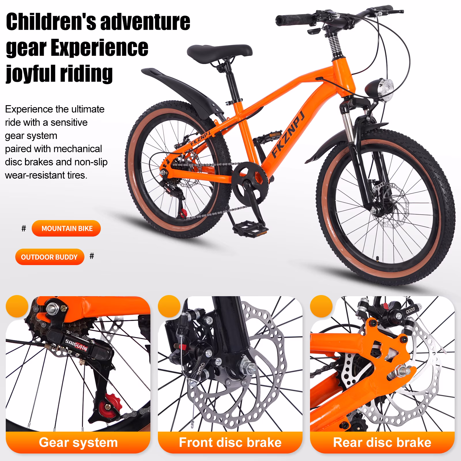 Juuar 20" Mountain Bike for Kids Age 7-10 Years, 7 Speed Disc Brake MTB Bike, Comfort Steel Frame Children Bicycle with Headlight, Orange - Image 4