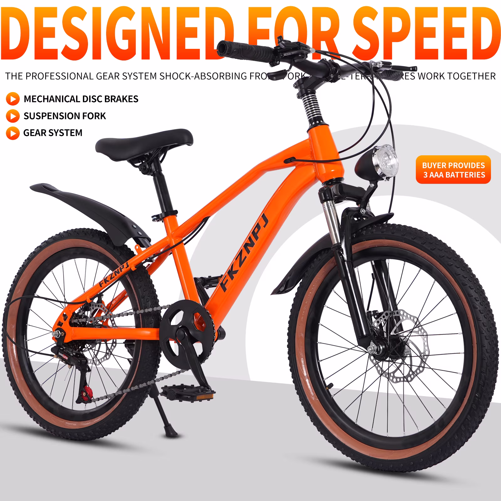Juuar 20" Mountain Bike for Kids Age 7-10 Years, 7 Speed Disc Brake MTB Bike, Comfort Steel Frame Children Bicycle with Headlight, Orange - Image 3