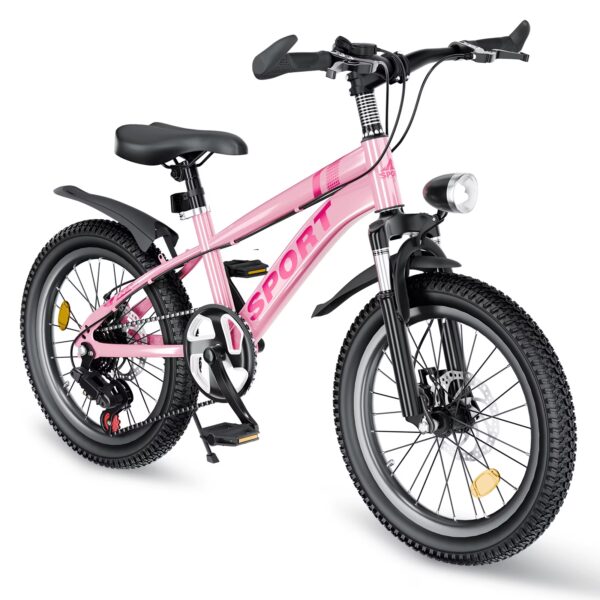 Juuar 24" Mountain Bike for Girls 9-12 Years, 7 Speed Disc Brake Kids Bike, Cute Children Bicycle with LED Headlight, Pink
