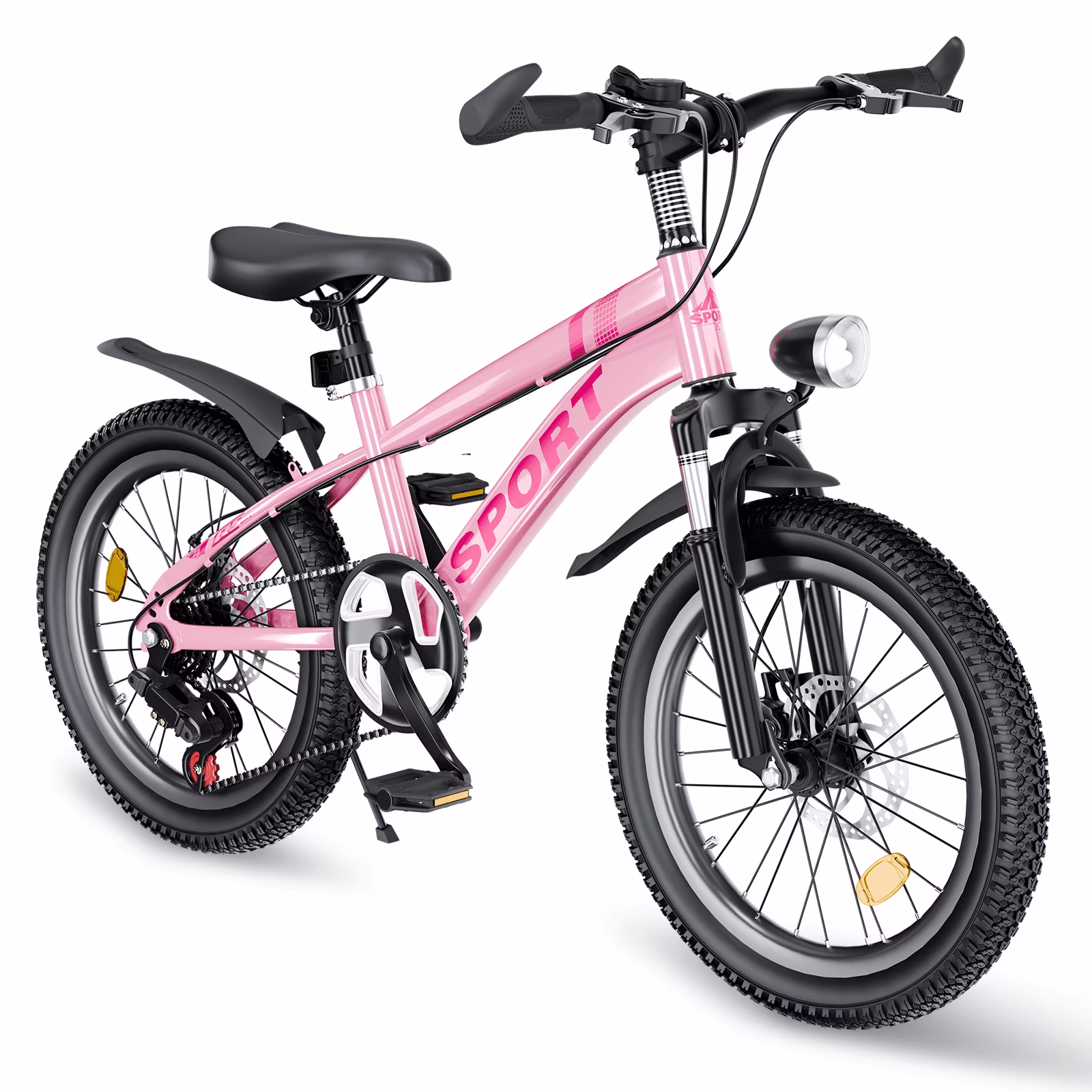 Juuar 24" Mountain Bike for Girls 9-12 Years, 7 Speed Disc Brake Kids Bike, Cute Children Bicycle with LED Headlight, Pink