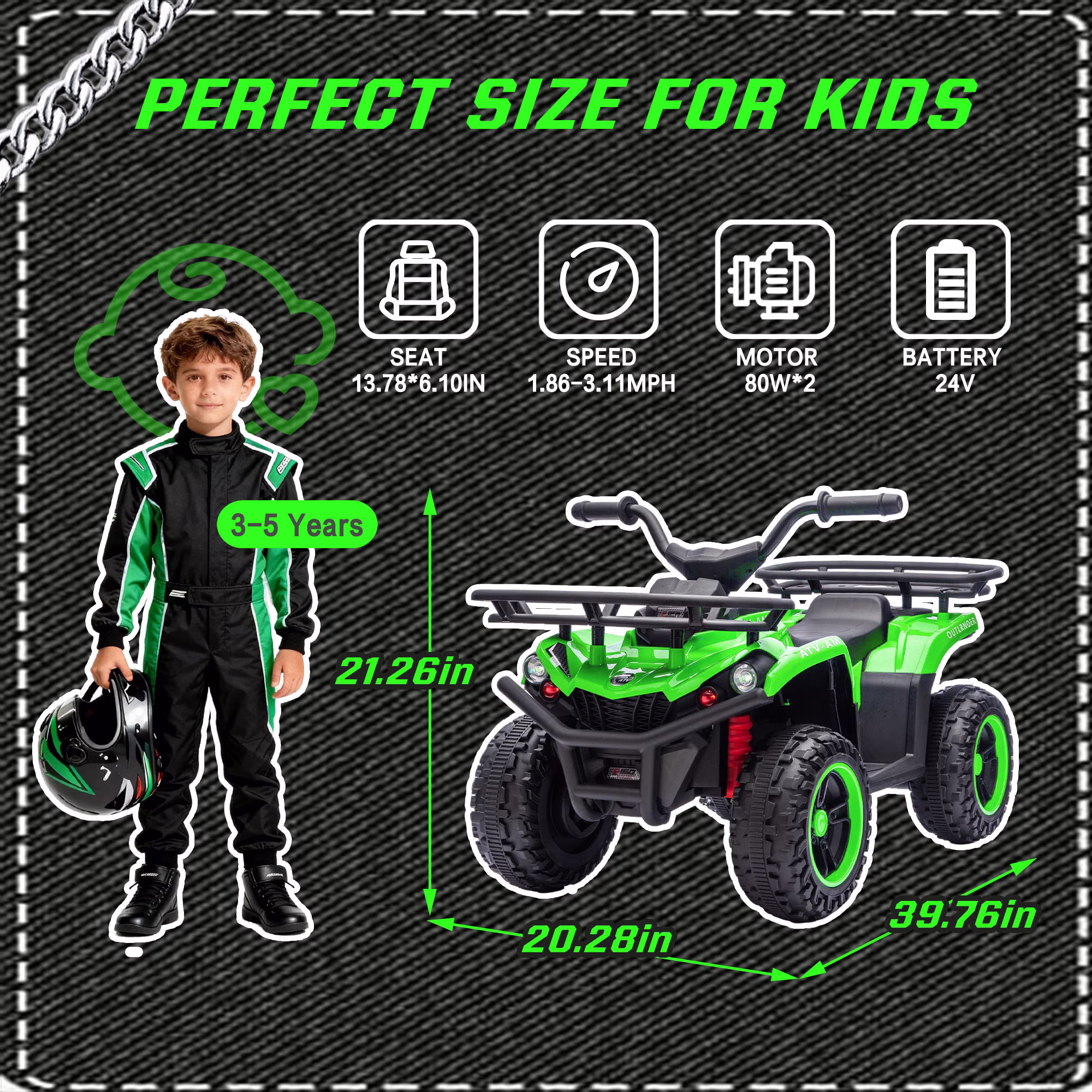 Juuar 24V Ride on Car for Kids Boys Girls Age 3+, 4WD Electric Car with Lights, Music & Bluetooth, Up to 3.11 MPH, 2 x 80W Powered Fun ATV Toys Gifts for Birthday Christmas, Green - Image 4