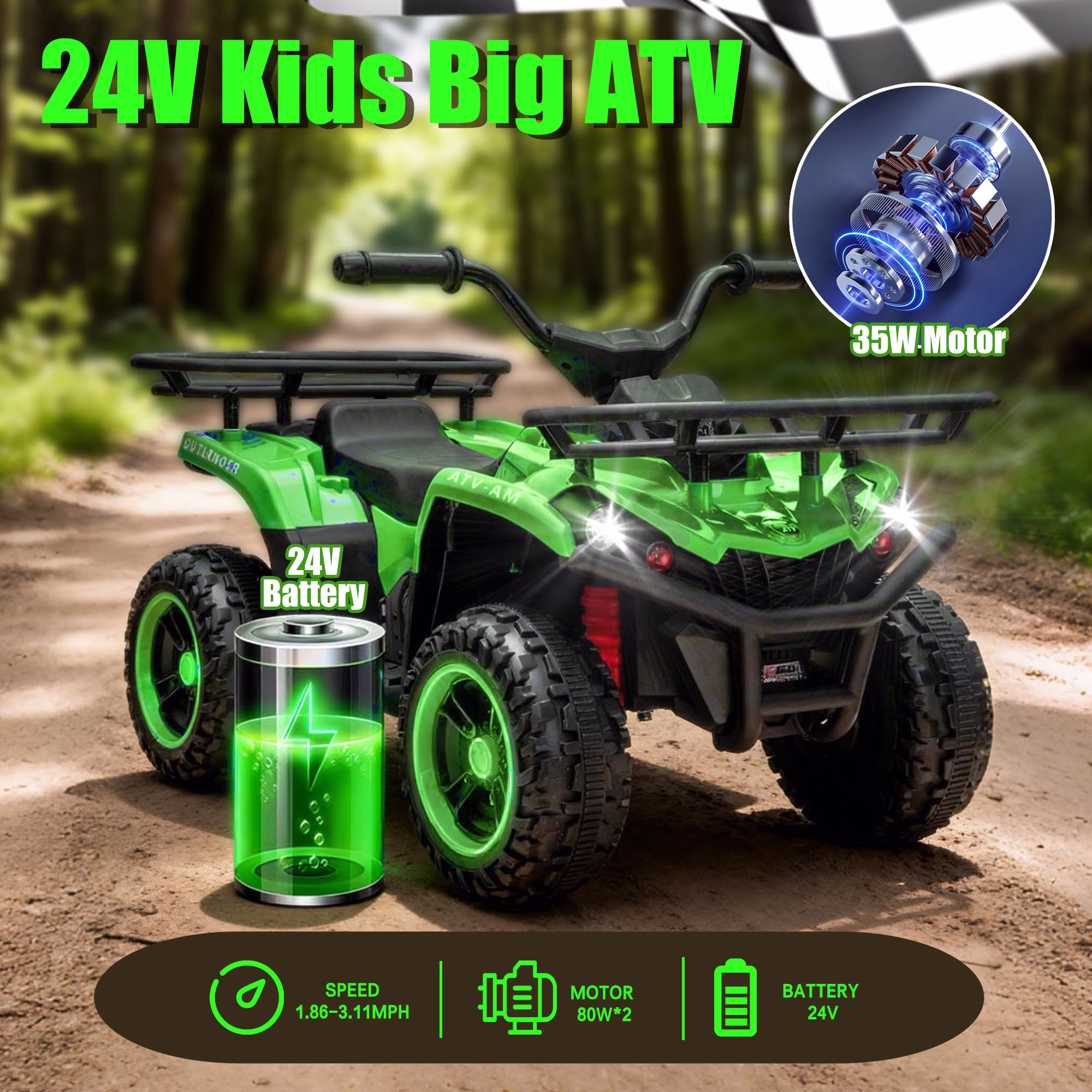 Juuar 24V Ride on Car for Kids Boys Girls Age 3+, 4WD Electric Car with Lights, Music & Bluetooth, Up to 3.11 MPH, 2 x 80W Powered Fun ATV Toys Gifts for Birthday Christmas, Green - Image 3