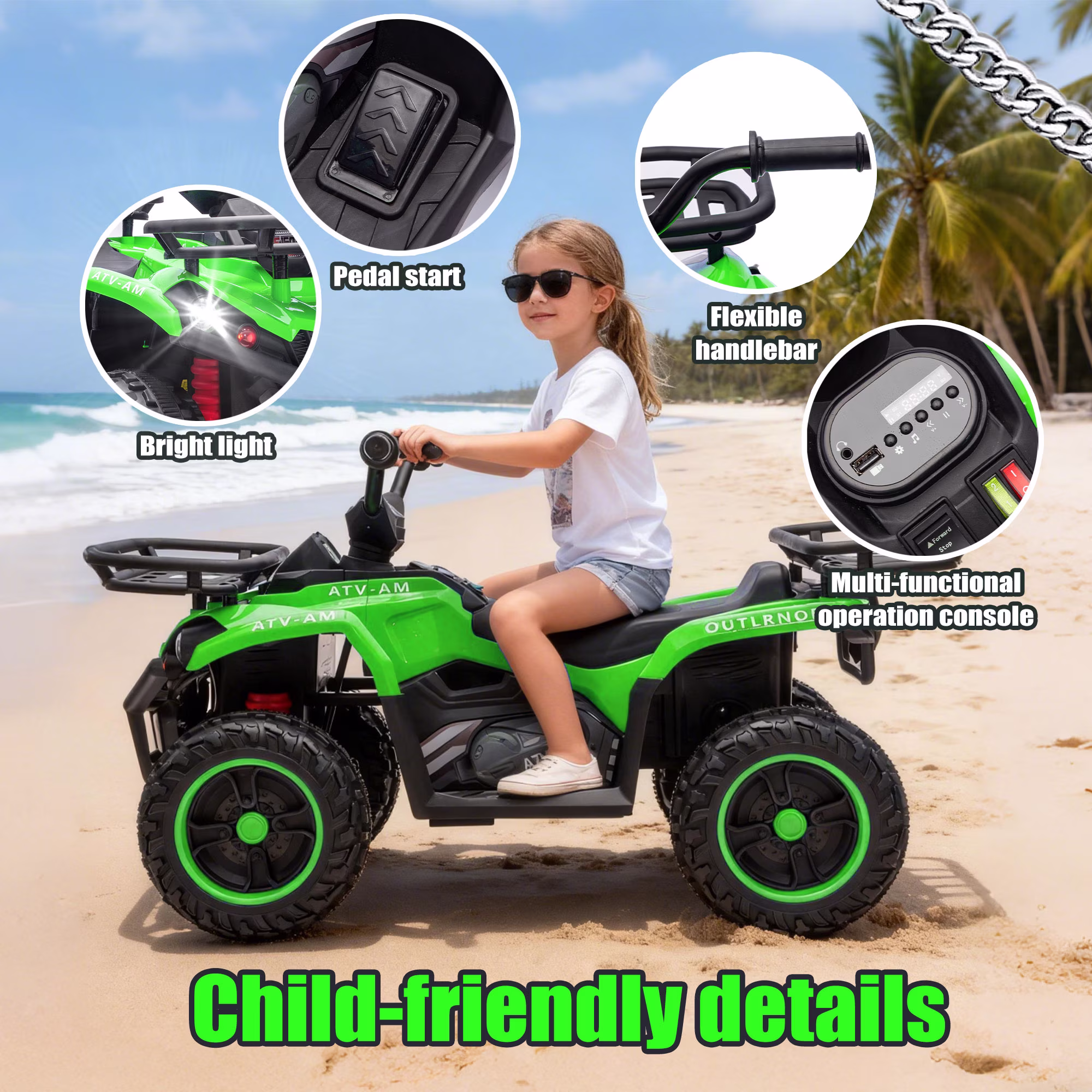 Juuar 24V Ride on Car for Kids Boys Girls Age 3+, 4WD Electric Car with Lights, Music & Bluetooth, Up to 3.11 MPH, 2 x 80W Powered Fun ATV Toys Gifts for Birthday Christmas, Green - Image 5