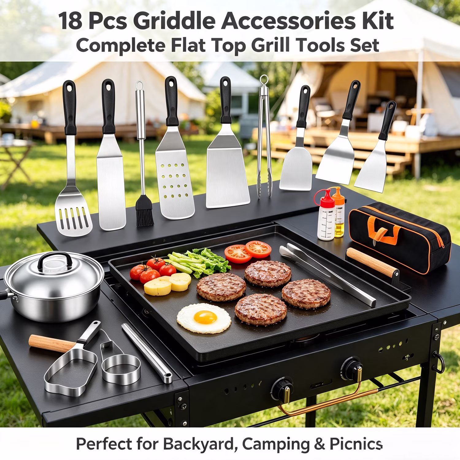 KAIFENG 18 Pcs Stainless Steel Griddle Accessories Kit Flat Top Grill Tool Set Compatible with Portable Storage Carry Bag - Image 2